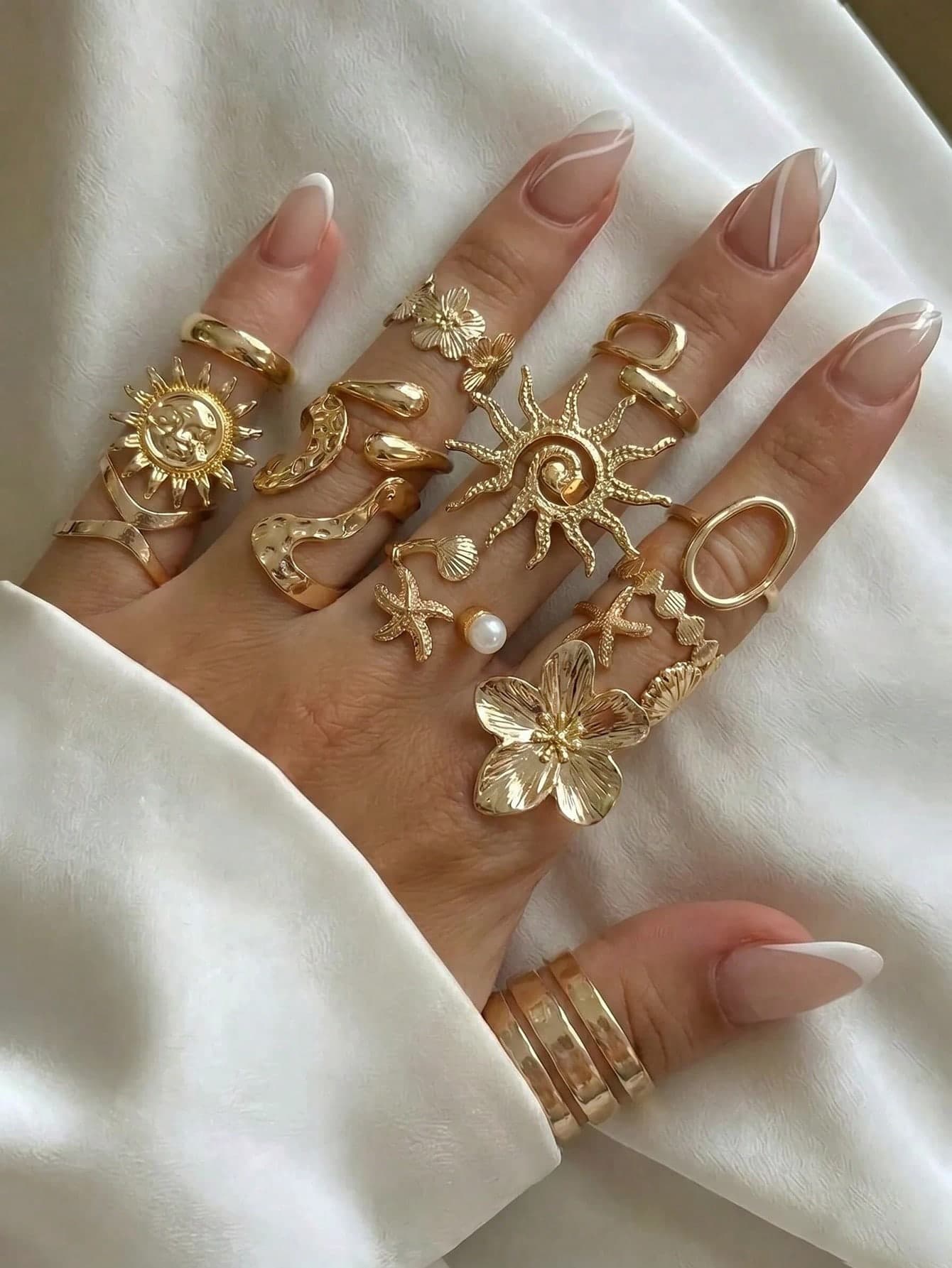 14pcs Gold Bohemian Beach Vacation Style Women's Ring Set, Faux Pearl Sunflower Shell Asymmetrical Shape Multi-Layer Casual Versatile Rings, Suitable For Vacation, Photography, Daily Wear, Dating