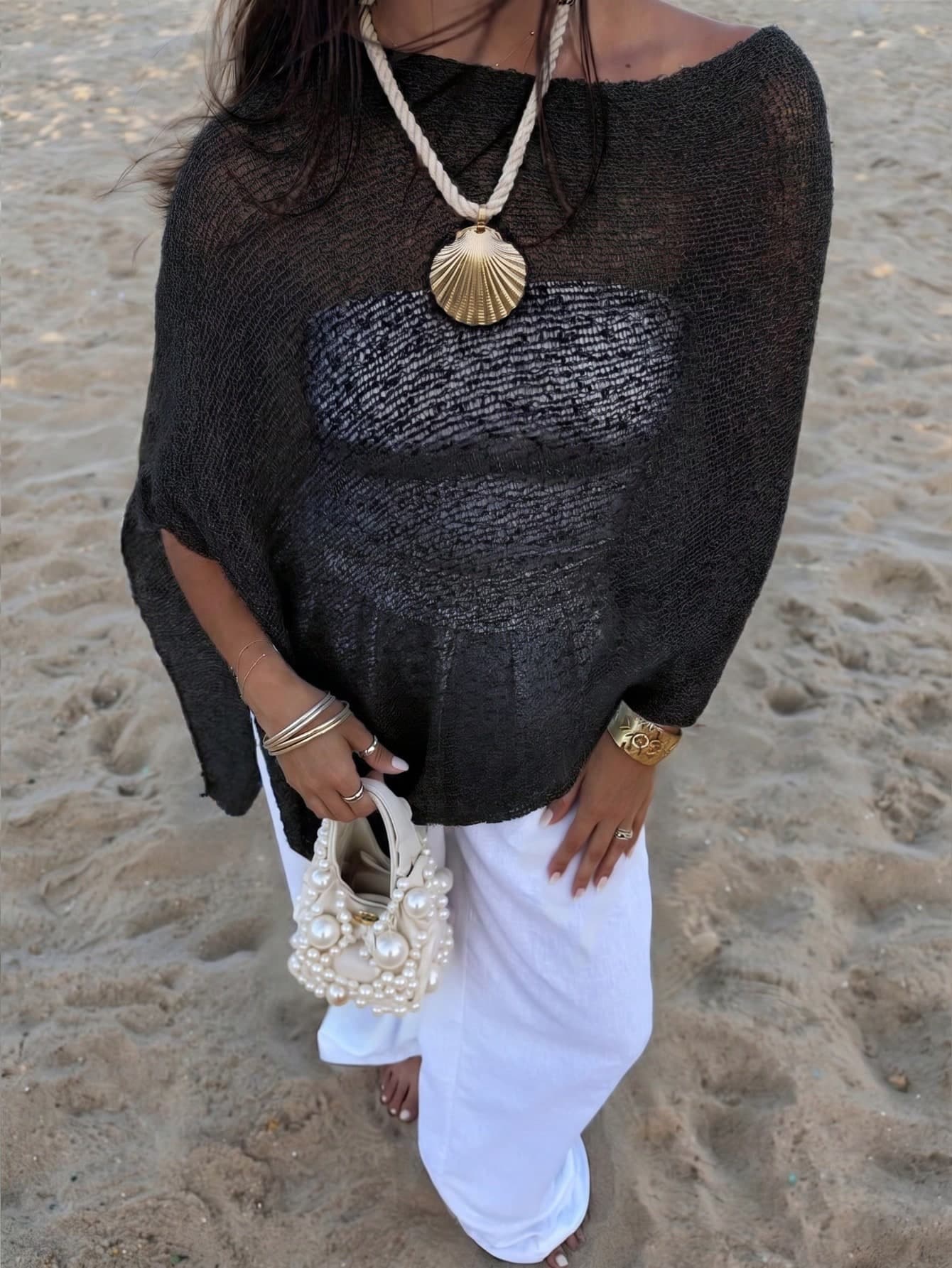 FOR BEAUTY Women's New Summer Sun Protection Shawl Cover-Up Top, Casual Vacation Style Beach Black