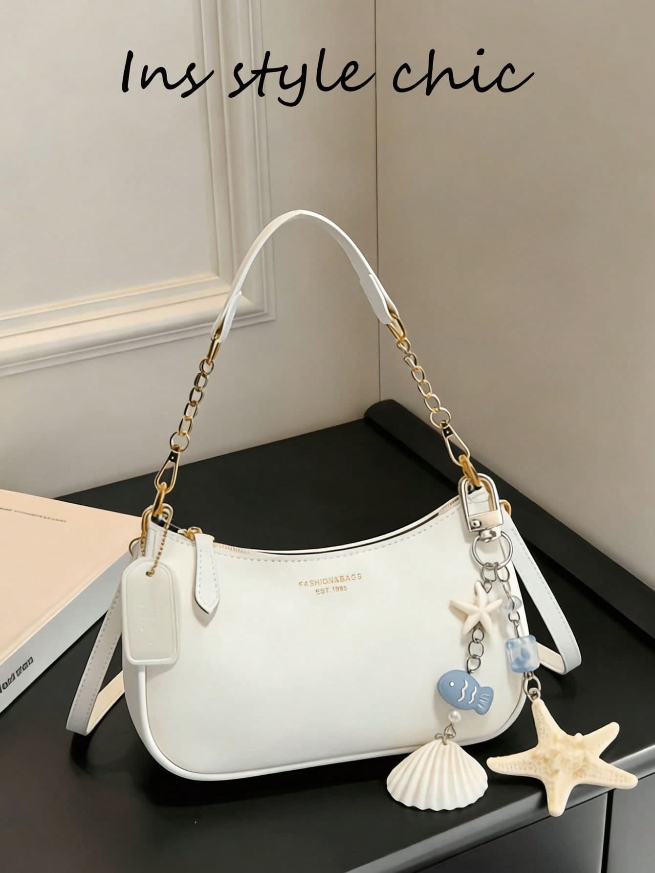 White Plain-Weave Women's Shoulder Bag Attached Ocean-Themed Shell Pendant Design And Letter Decoration.