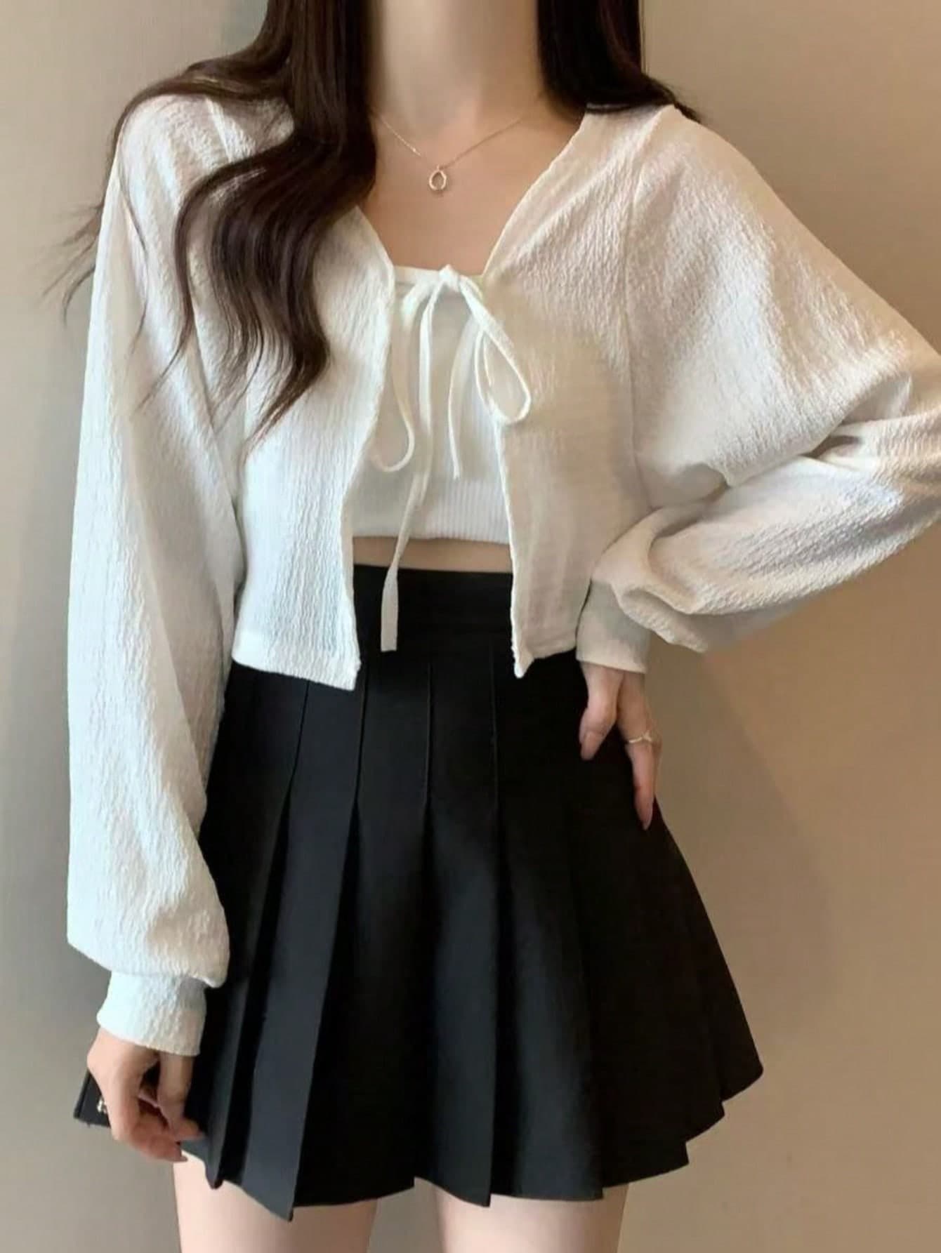 1pc Women's Shawl Cardigan, New Fashion Tie-Up Long Sleeve Lantern Sleeve Short Cardigan Top Shawl, Sun Protection Cardigan