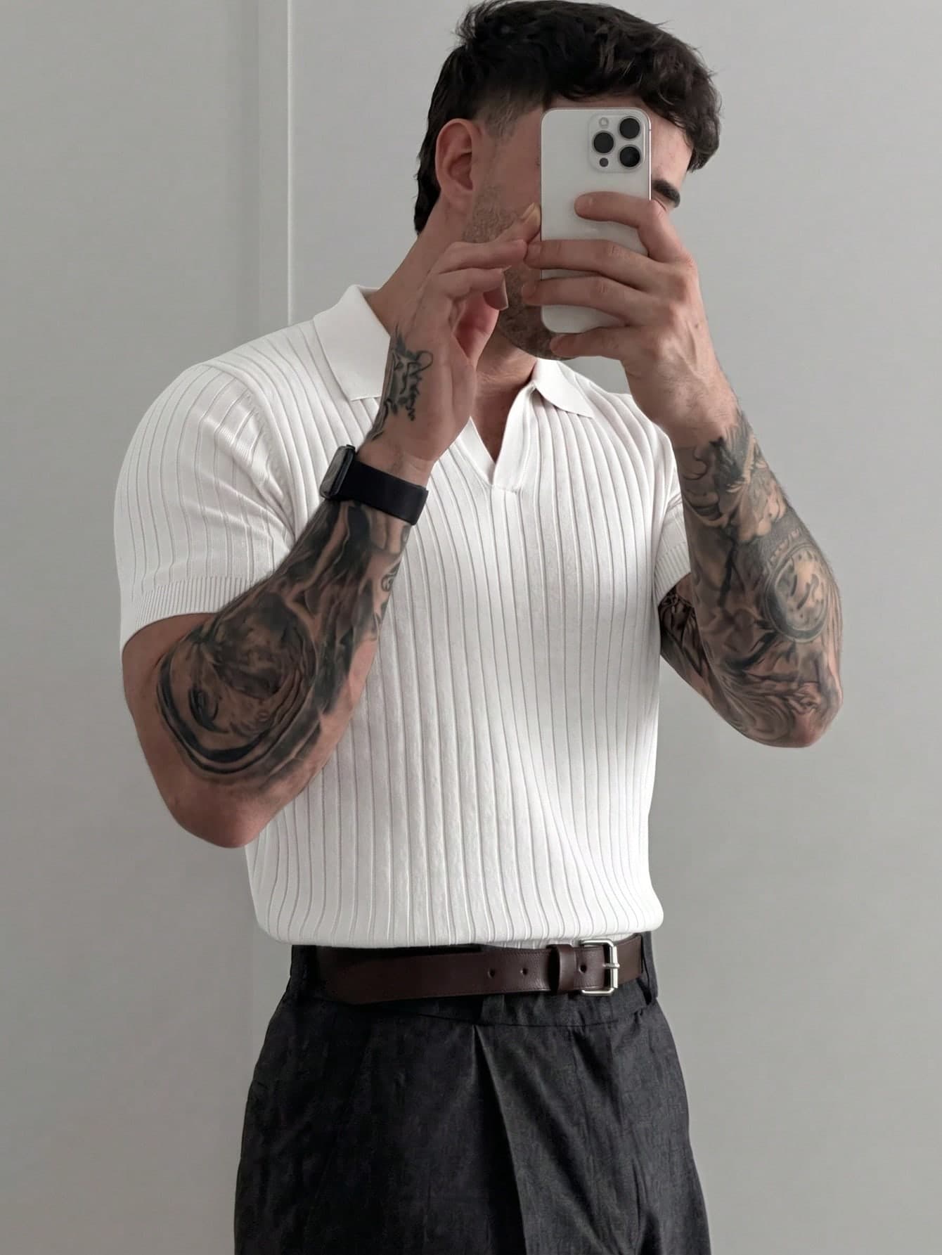 Men's Ribbed Airplane Collar Polo Knit Shirt, Short Sleeve, Summer Fashion