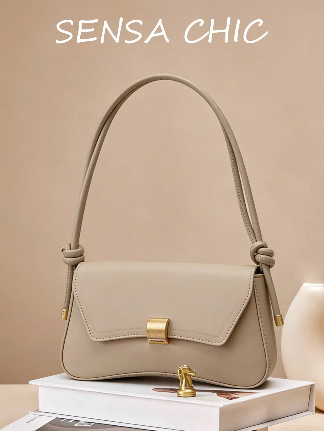 New Fashion Women's Underarm Bag, Knitted Bag With Personalized Metal Buckle Decor Design, Shoulder Bag, Solid Color PU Premium Style