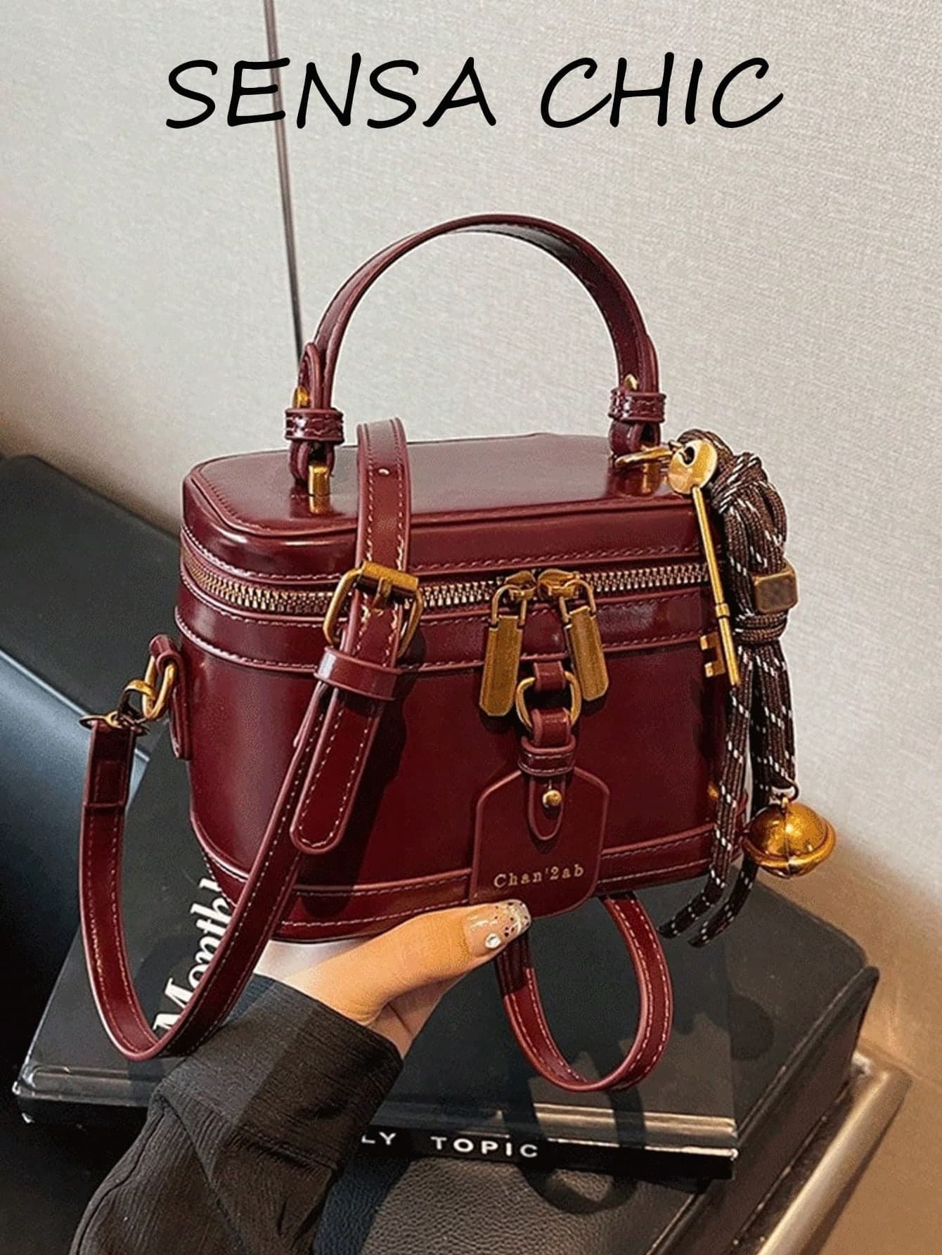 Classic Clown Design PU Waterproof Handbag, Box And Bag Set, Burgundy Color, With Pendant Decor, Adjustable Strap For Travel And Shopping