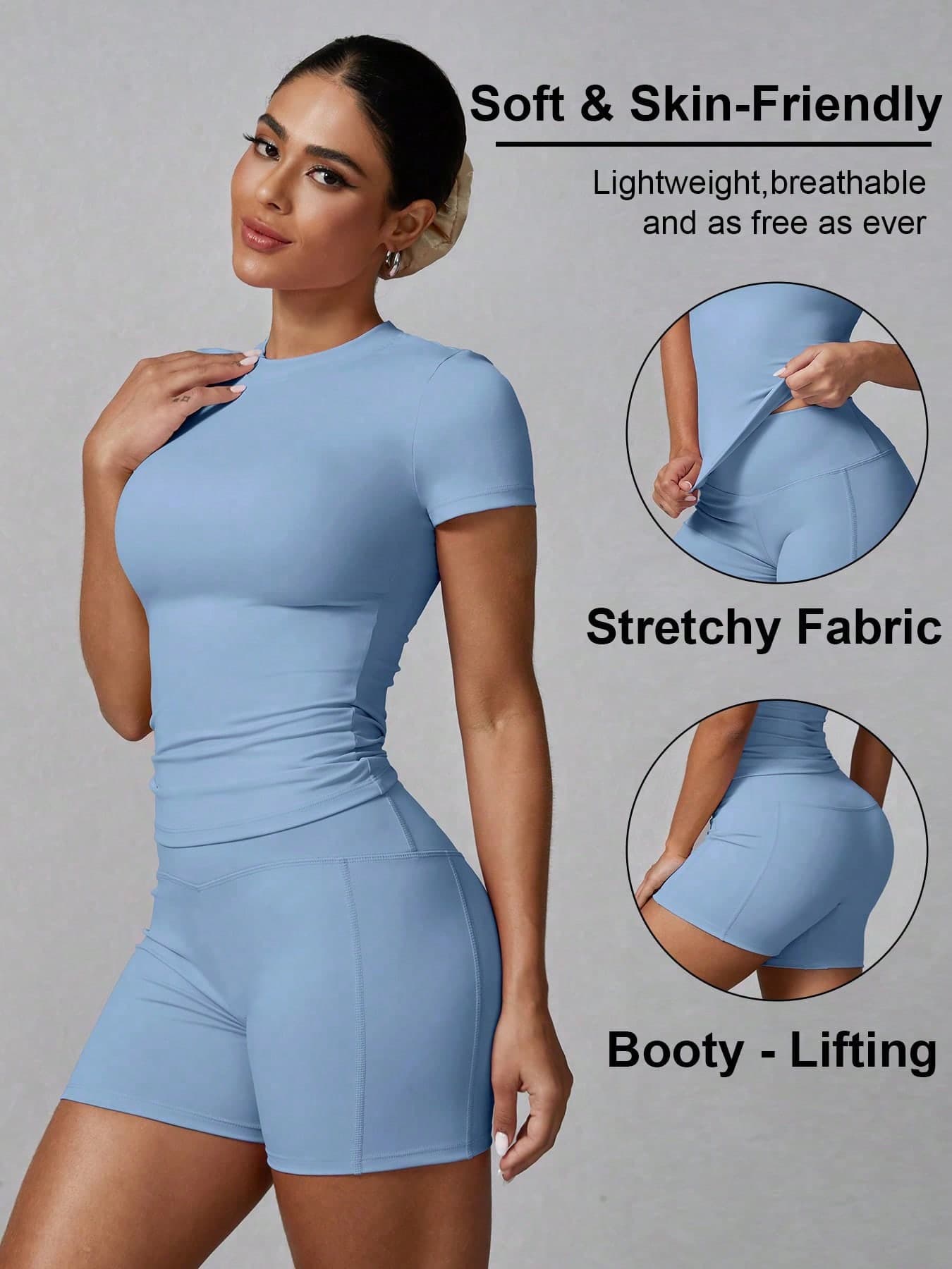 2pcs/Set Women's Simple Solid Color Short Sleeve & Shorts Sports Set, Sky Blue Fashionable Outdoor Sports Outfit, Sexy Versatile Fitness Girl, Suitable For Gym, Workout, Training, Summer Outdoor Running, Indoor Sports, All Seasons Wear