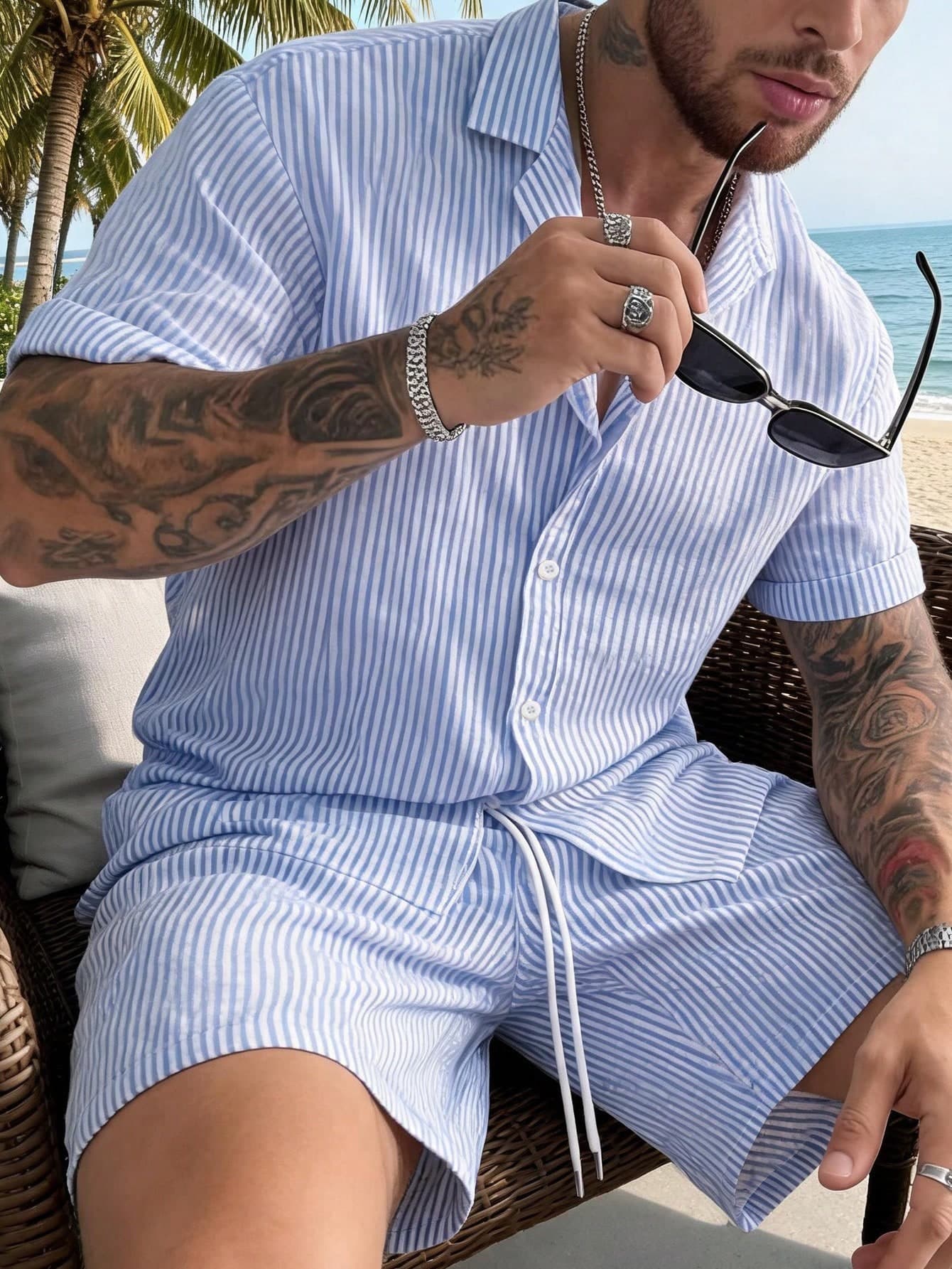 Men's Summer Contrast Color Vertical Striped Cuban Collar Short Sleeve Shirt & Shorts 2 Pieces Casual Vacation Style Set
