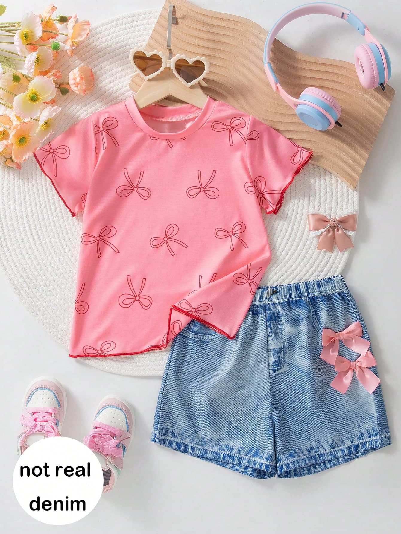 2pcs Girls Casual Bow Print Short Sleeve Top And Bow Decor Print Shorts Set, Summer