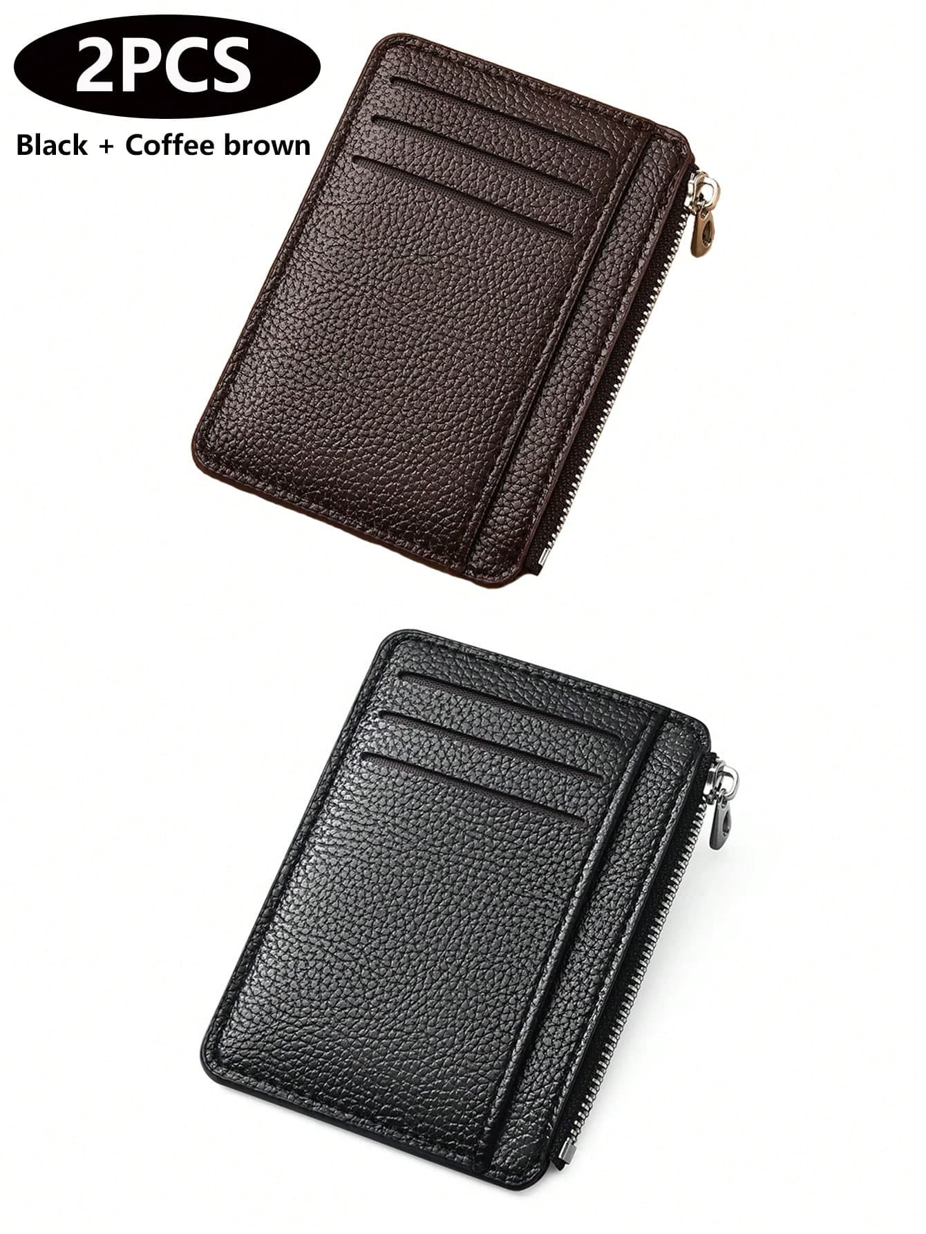 2pcs Black And Brown 9-Slot Ultra-Thin Zipper Credit Card Holder 100% PU Leather Men's Wallet Minimalist Slim Coin Purse