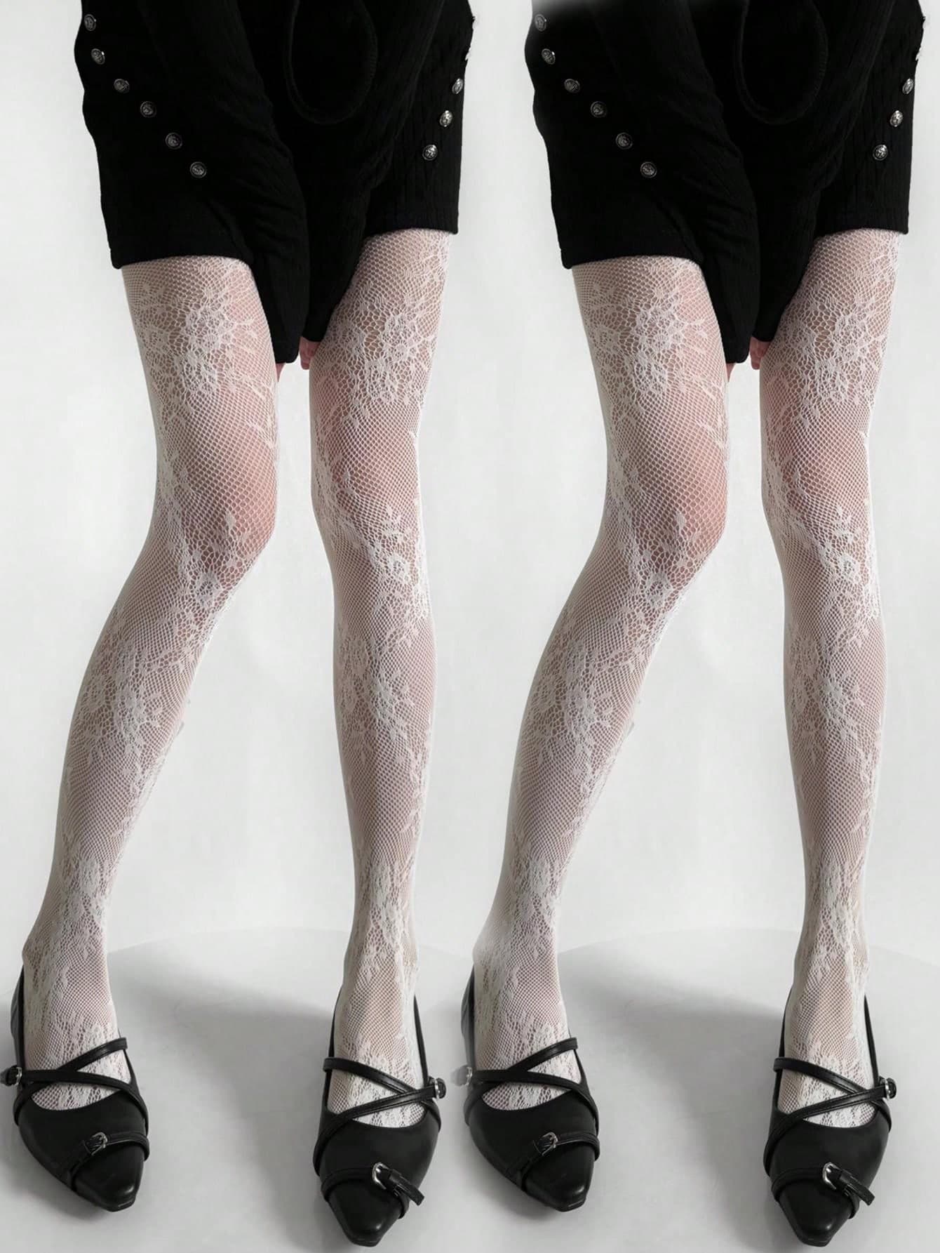 1/2 Pairs Flower Pattern Women's Mesh Socks Lace Lace Hollow Socks Sexy Retro Flower Vine Rose Side Leaves Breathable Mesh Fabric Pants Tight Socks