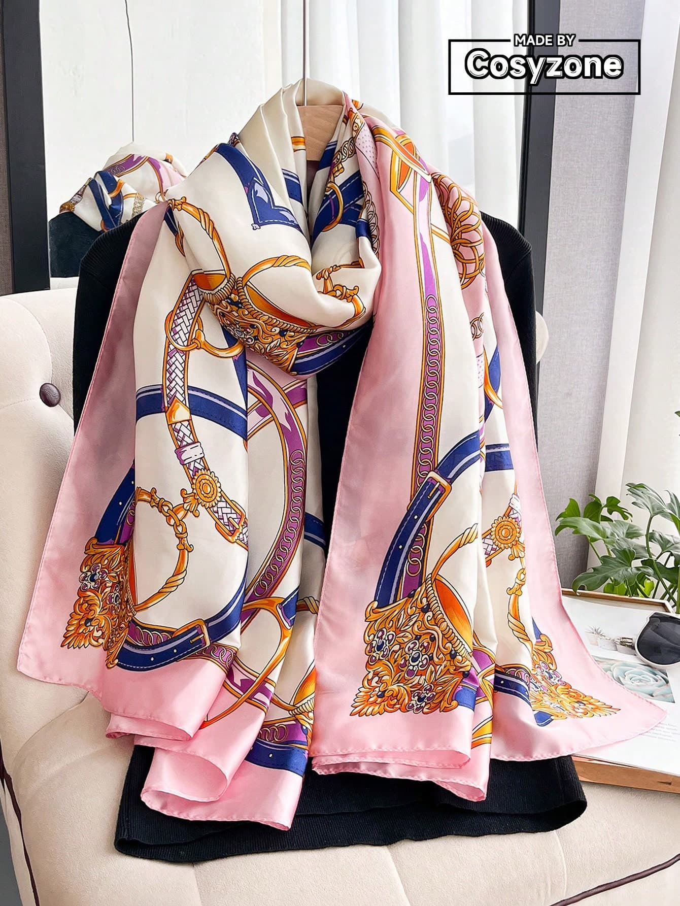 1PC Faux Silk Elegant Belt Chain Pattern Printed Scarf For Women, Long Beach Wrap For Vacation, Sun Protection Beach Shawl, Fashionable Versatile Scarf Shawl Suitable For Daily Matching And Decorative Use