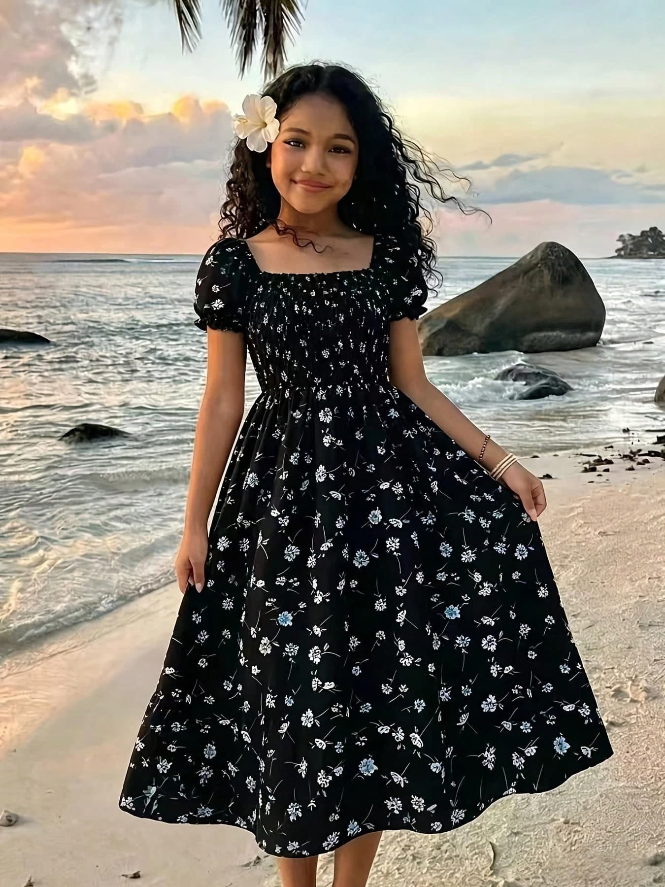 Refreshing Floral Pattern Tween Girl French Puff Sleeve Square Neck Waist Dress, Suitable For Summer Daily Wear, Outing, Travel And Vacation