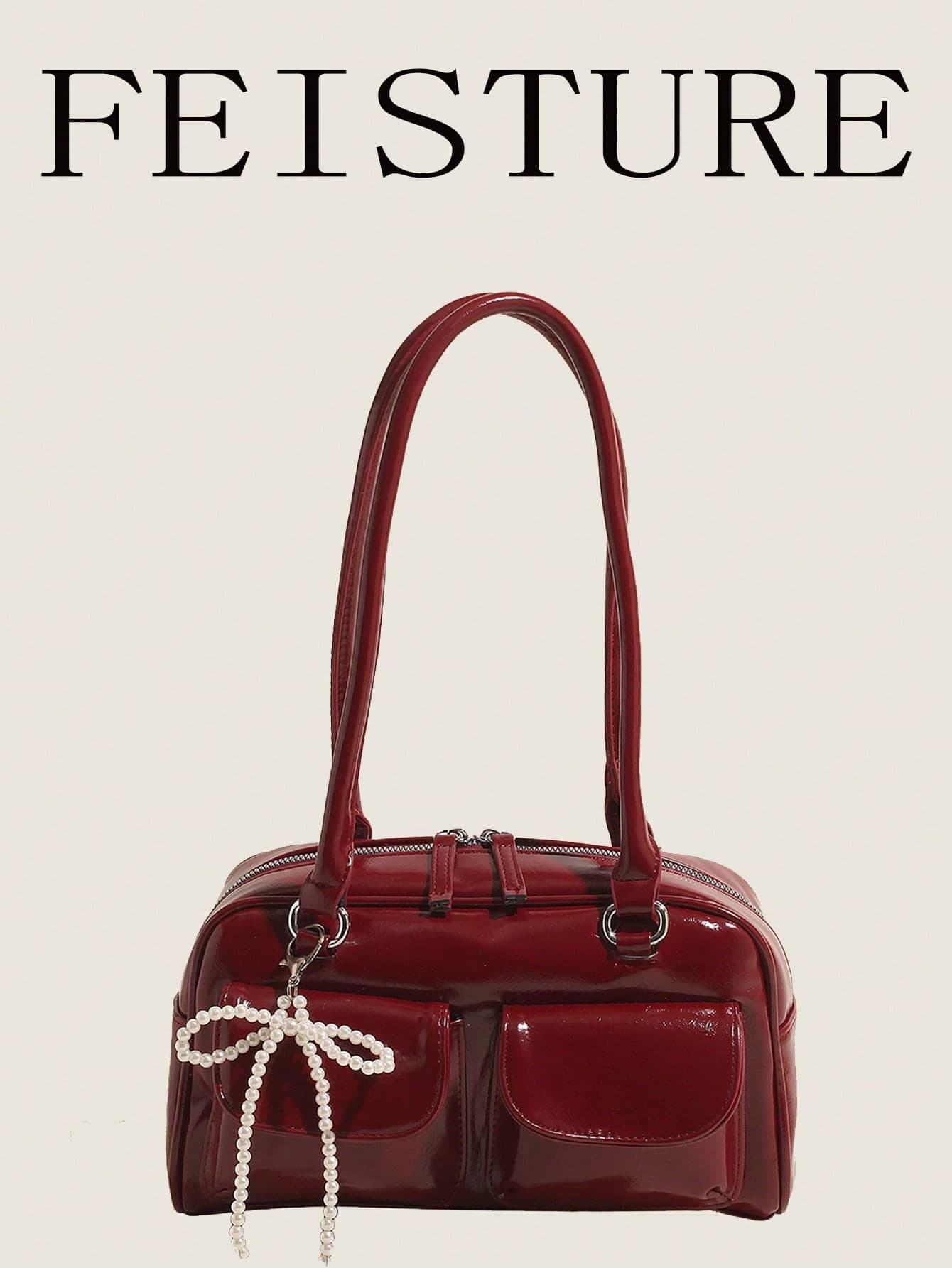 1pc FEISTURE Solid Color PU Bowling Bag With Multiple Pockets, Women's Shoulder/Underarm Bag (With Pendant), Suitable For Shopping, Dating, Women's Gift, Suitable For Teenage Girls, College Students, Beginners And White-Collar Workers, Ideal For Office, Campus, Work, Commuting