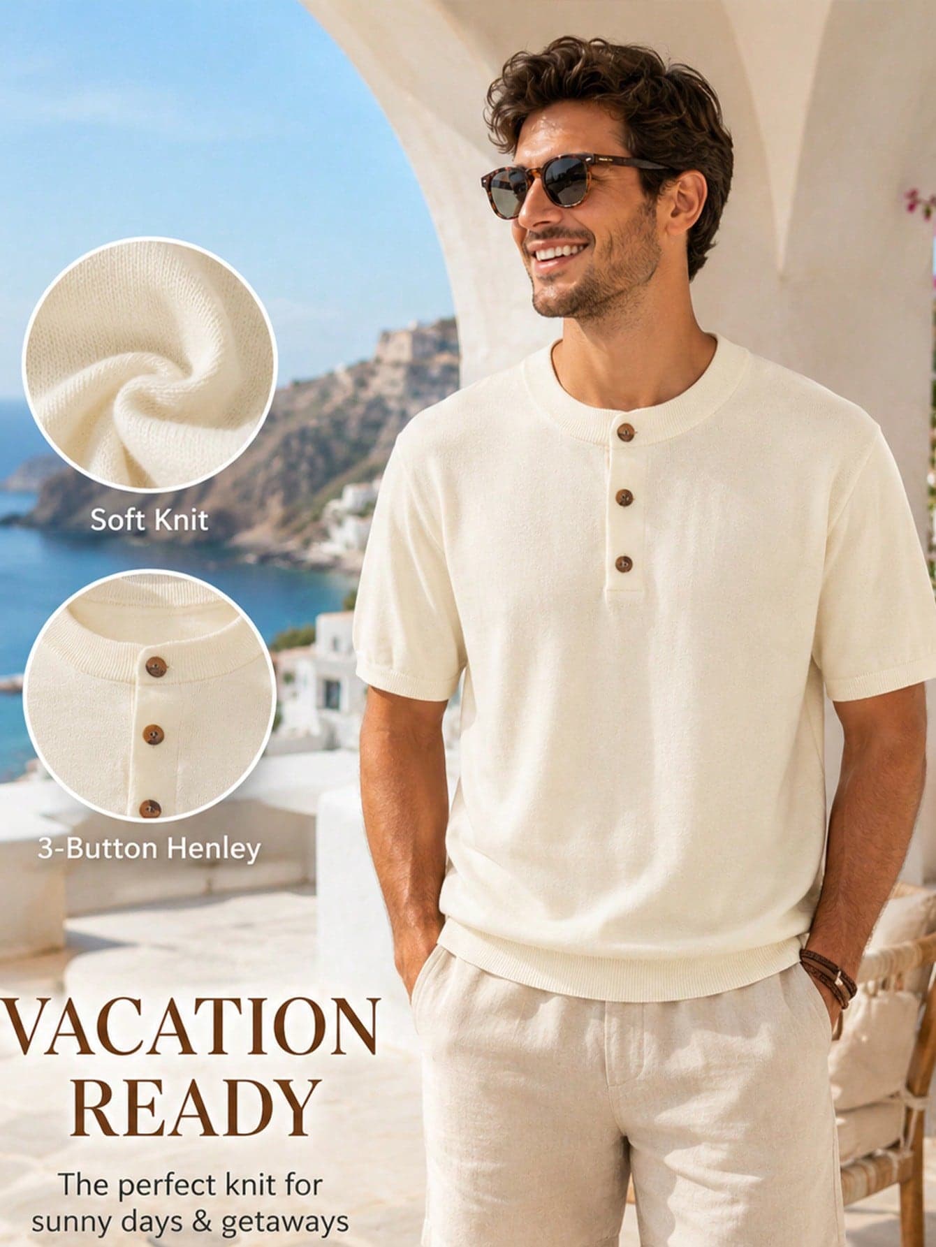 1pc Men's Apricot Henley Neck Knit T-Shirt, Men's Knit Polo Shirt, Delicate Textured Knit Fabric, Slim Fit, Vacation Style, Machine Washable, Summer Beach Holiday Relaxed Mature Casual Short Sleeve Top