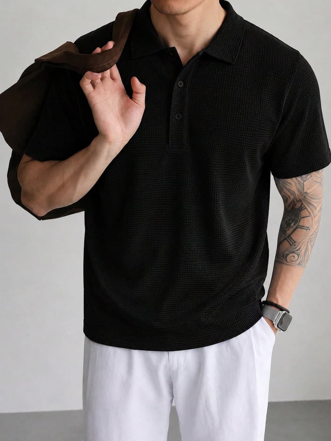 Men's Summer Daily Black Cooling Short Sleeve Polo Shirt, Honeycomb Texture, Regular Fit, Casual Streetwear, Youthful Minimalist Campus Retro Versatile Textured Elegant Personalized Sports