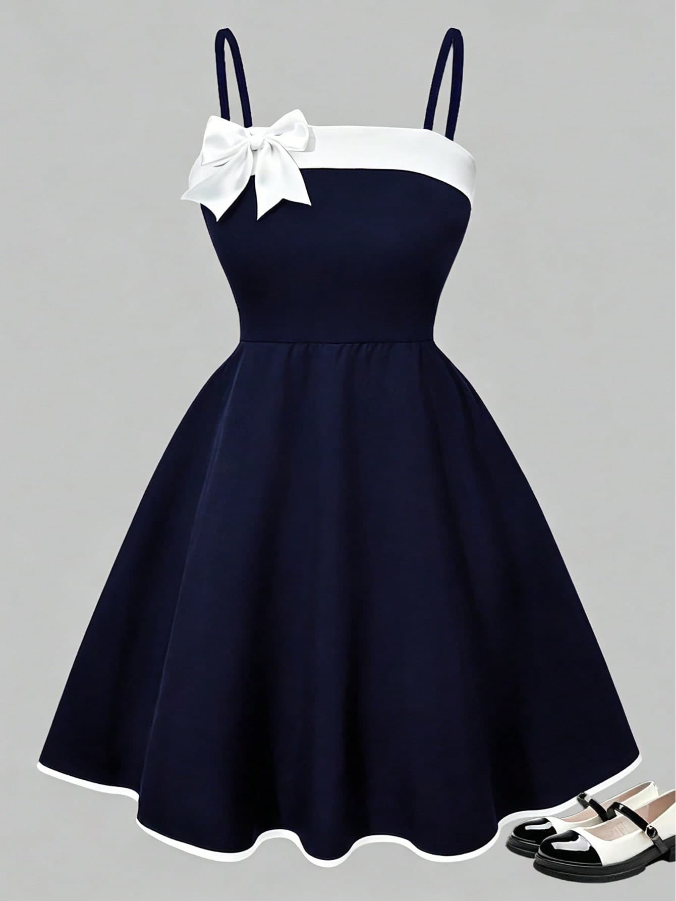 This Elegant And Fashionable Summer Girls' Dress Features A Classic Black And White Color Block Design With A Bow Shoulder Strap. Suitable For Birthday, Party, Daily Outdoor Travel, And Also Makes A Great Gift For Children.