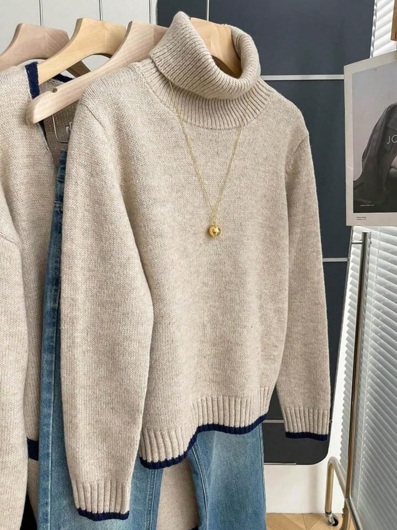 Bestselling Korean Style Gentle & Slouchy Solid Color High Neck Contrast Knit Sweater, Soft & Skin-Friendly Loose Fit Slimming, Versatile Outerwear For Autumn/Winter Daily Commute