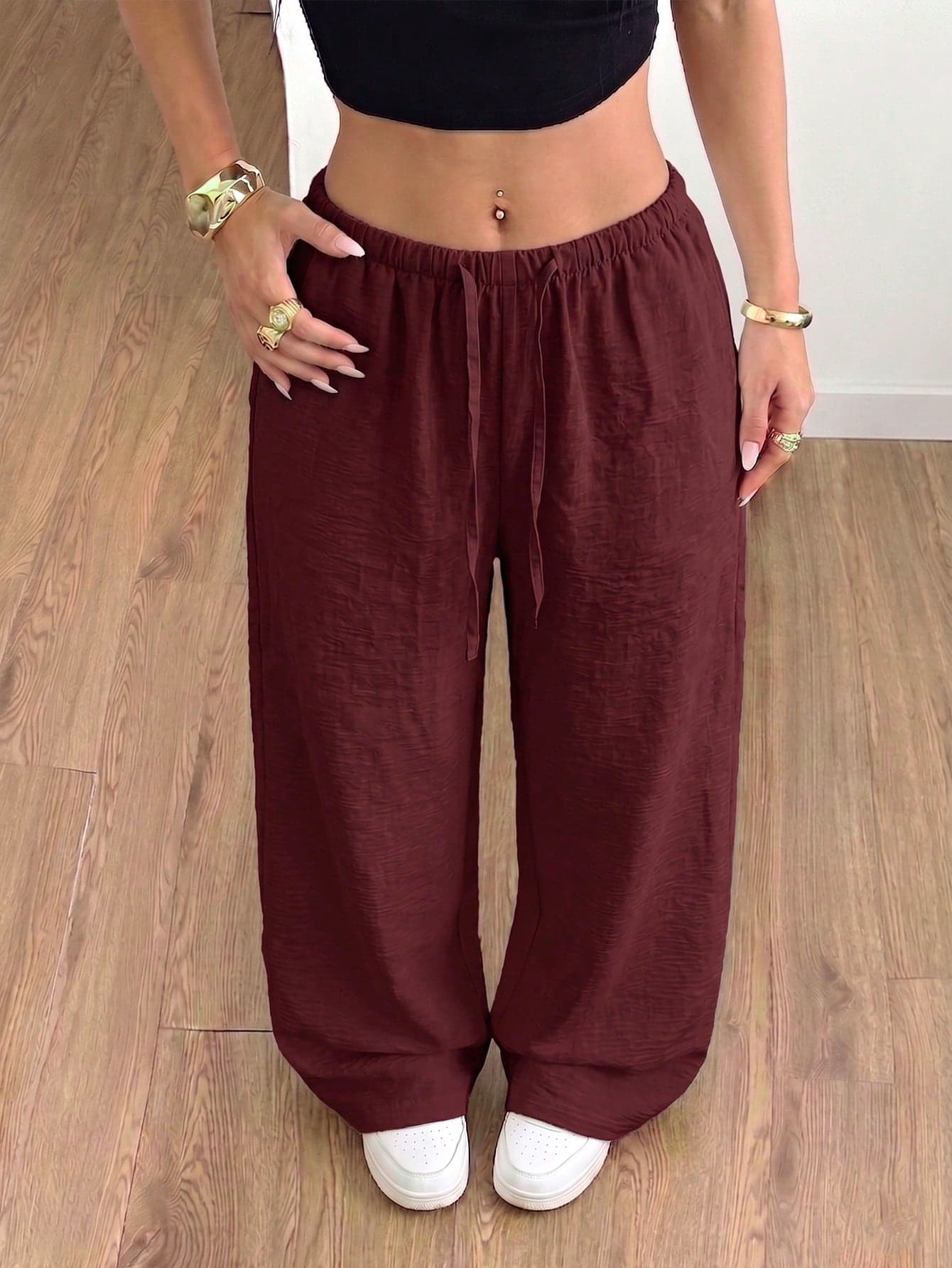 Women's Summer Lightweight Breathable Casual Pants Burgundy Elastic Waist Drawstring Loose Drape Lazy Bohemian Style Wide Leg Long Pants