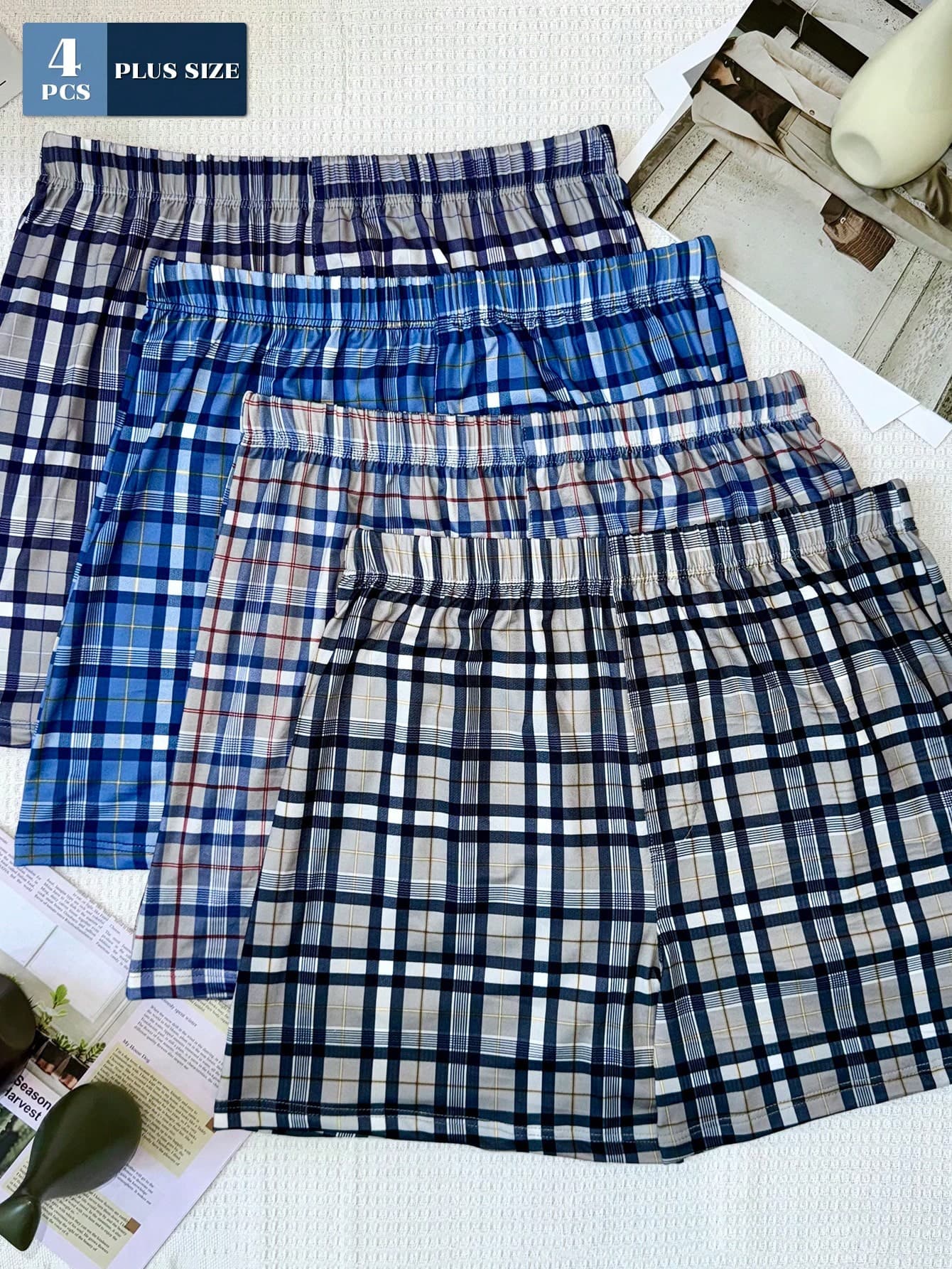 4pcs/Set Men's Plus Size Plaid Print Boxer Briefs, Casual Elastic Waist Loose Breathable Shorts, Comfortable Summer Sleepwear Assorted Colors