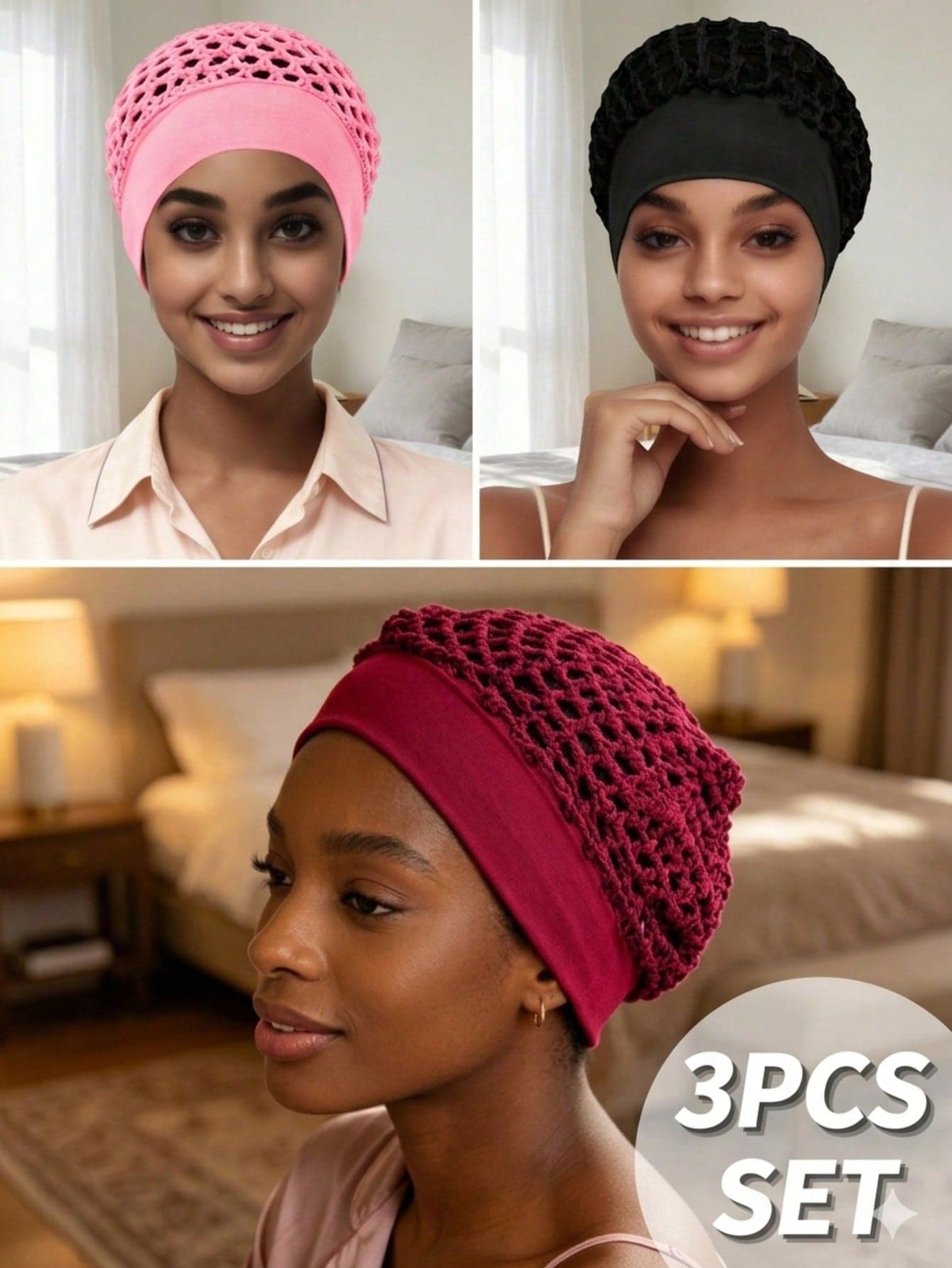 3pcs Solid Color Satin Hair Caps, Hair Protection Caps, Black, Night Care & Daytime Home Comfort, Beauty Sleep Caps, Suitable For Curly And Natural Hair