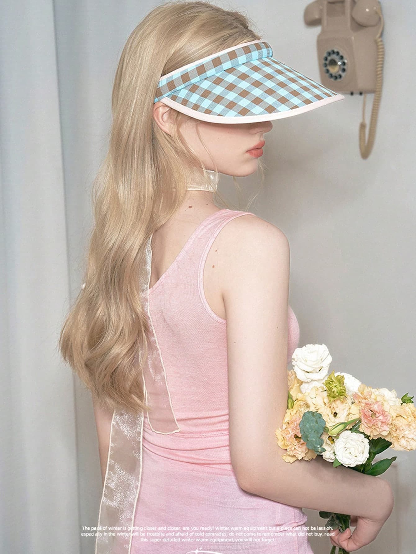 1pc New Plaid Open Top Sun Hat For Women, Summer Outdoor Travel, Wide Brim Sun Protection Hat With Headband