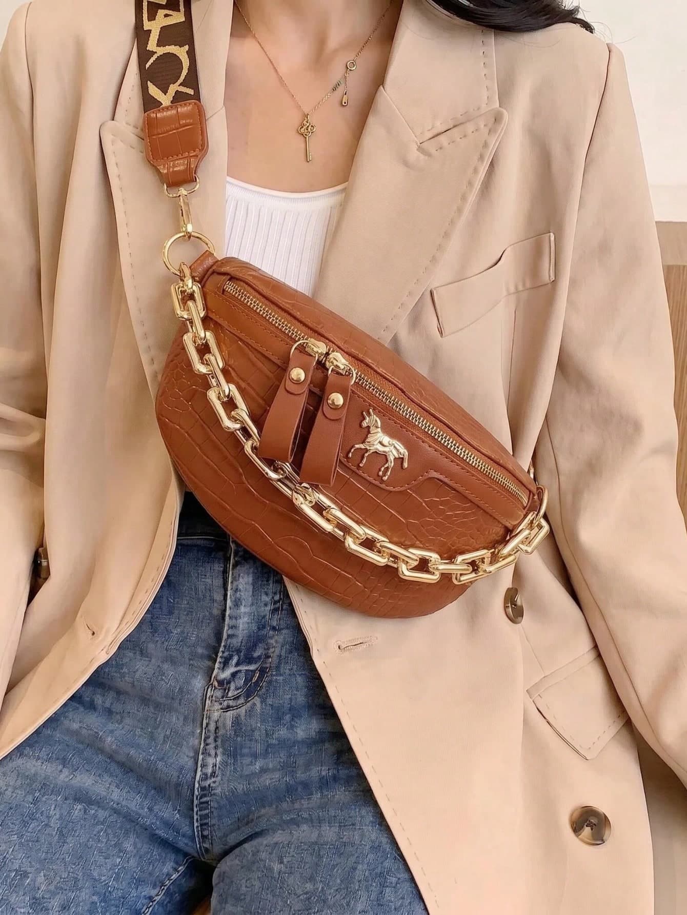 New Fashion Casual Women's Chain Waist Bag, Vintage Versatile Crocodile Pattern Chest Bag, Christmas Gift