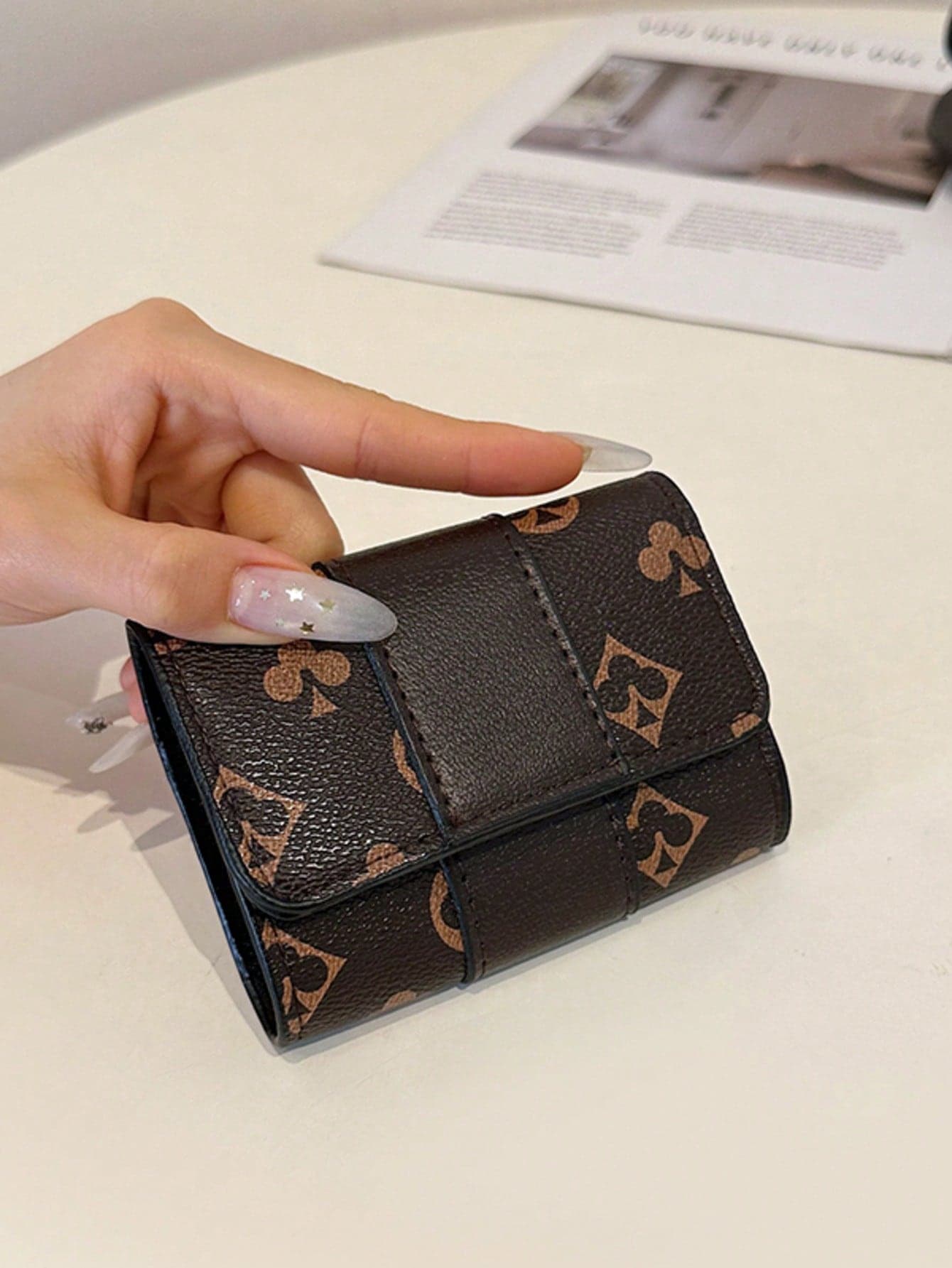 New Women's Brown PU Floral Print Pattern Compact Accordion Card Holder, Multi-Slot Fashion Versatile Anti-Theft Card Storage Pouch, Flap Closure Vintage Lightweight Handheld Bag