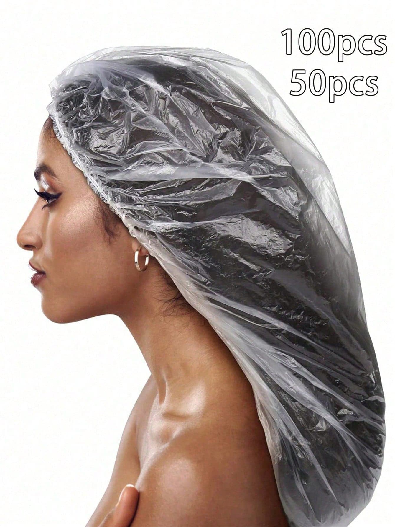 100pcs/50pcs Disposable Plastic Transparent Extra Large Shower Cap, Elastic Waterproof Bath Cap For Women, Travel Hair Accessories