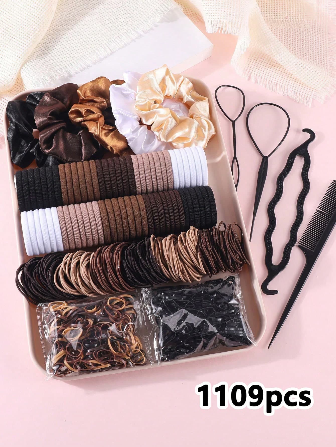 1109pcs Girls Hair Accessories Set, Basic Nylon Hair Ties, Silky Satin Hair Ties, Colorful Elastic Rubber Bands, Braiding Tool Set, Suitable For Daily Use