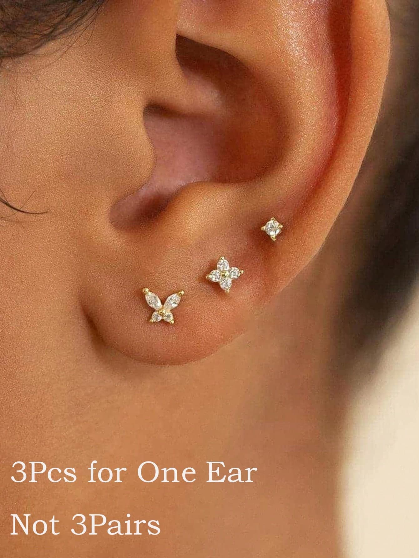 3pcs/Set 18K Gold Plated Transparent Zirconia Four-Leaf Butterfly Stud Earrings, Stackable, Petite & Cute, Suitable For Cartilage, Helix And Other Pierced Ears, Great Gift For Women And Girls
