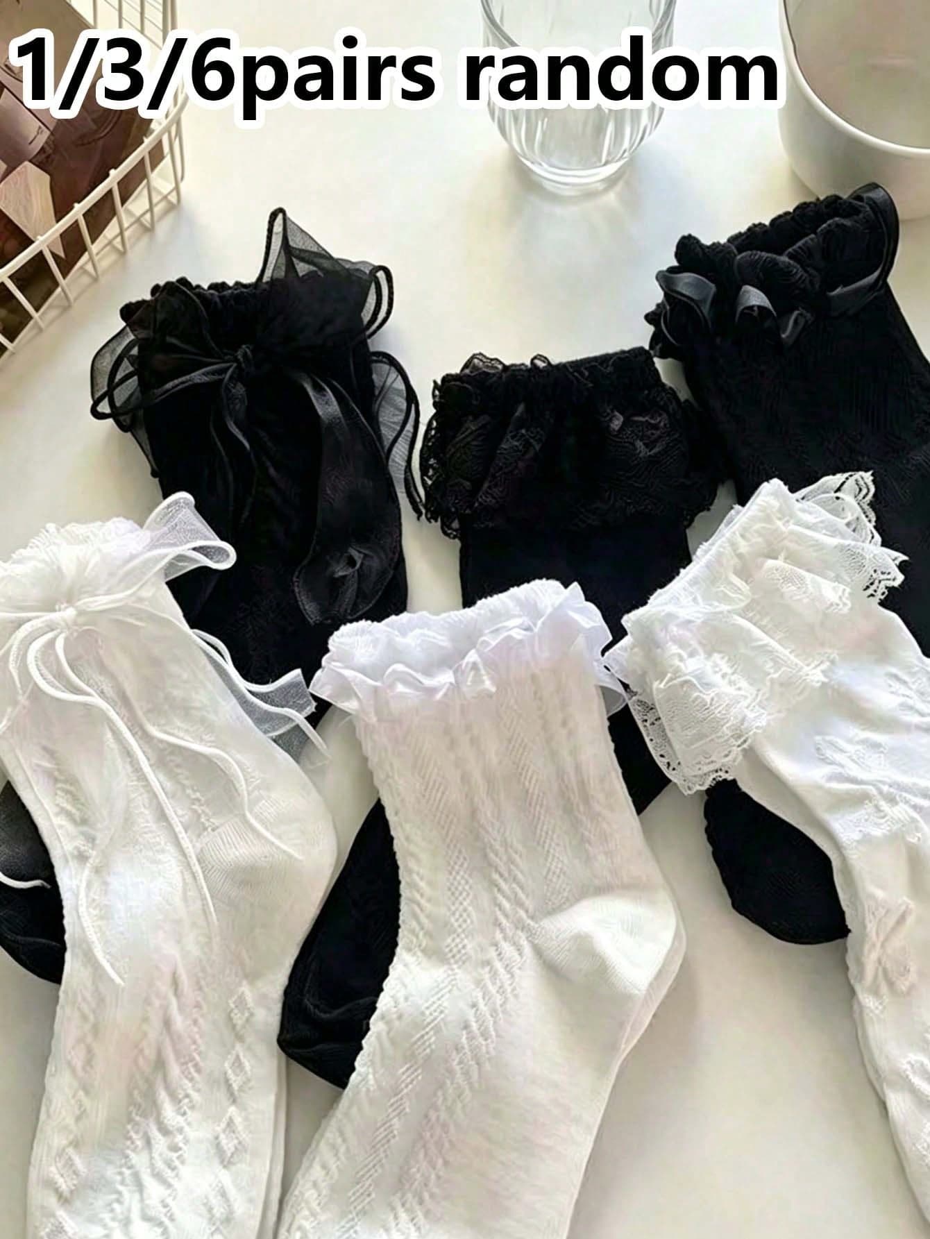 1/3/6 Pairs Women's Solid Black And White Lace Bow Mid-Calf Socks, Fashionable Minimalist Casual Comfortable, Suitable For Daily Outings, Travel, Parties, College Style, Matching With Short Skirts