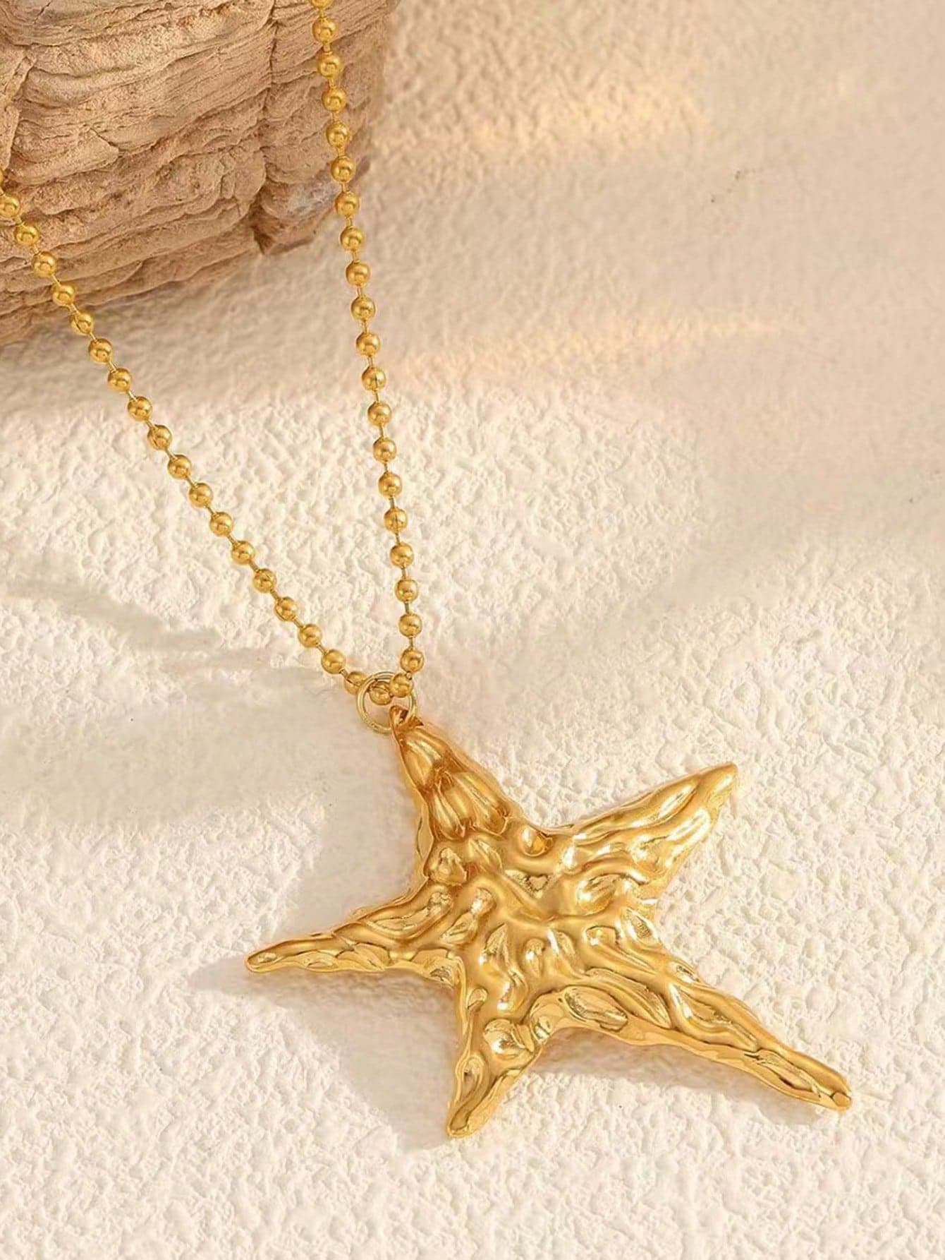 1pc Stainless Steel 18K Gold Plated Summer Vacation Oil Drip Starfish Pendant Necklace, Ocean Style High-End Clavicle Chain