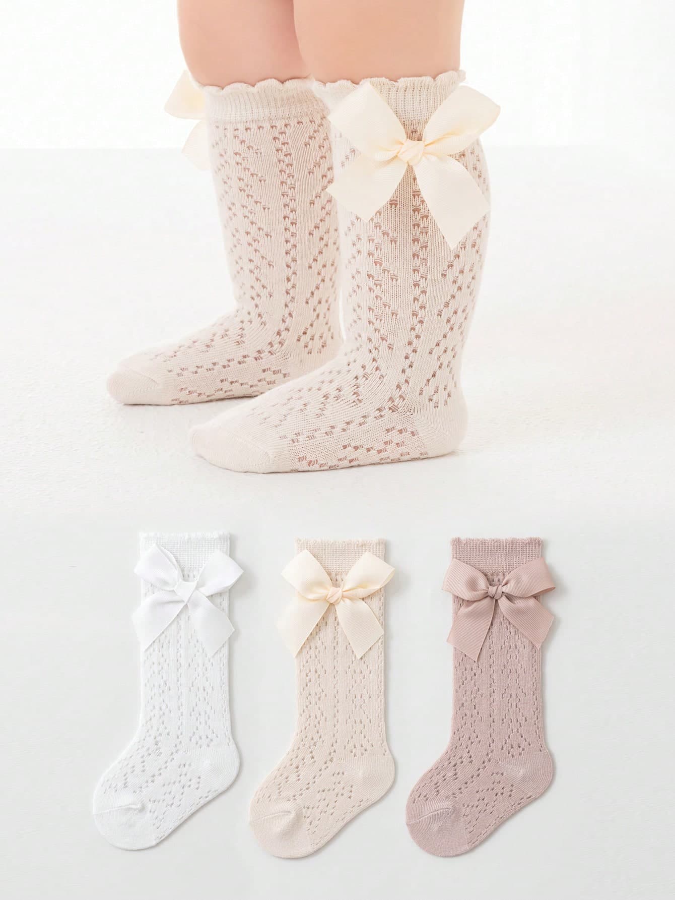 3 Pairs Children Bow Mesh Leg Stockings Anti-Mosquito Breathable Mid-Calf Socks, Sweet Princess Style