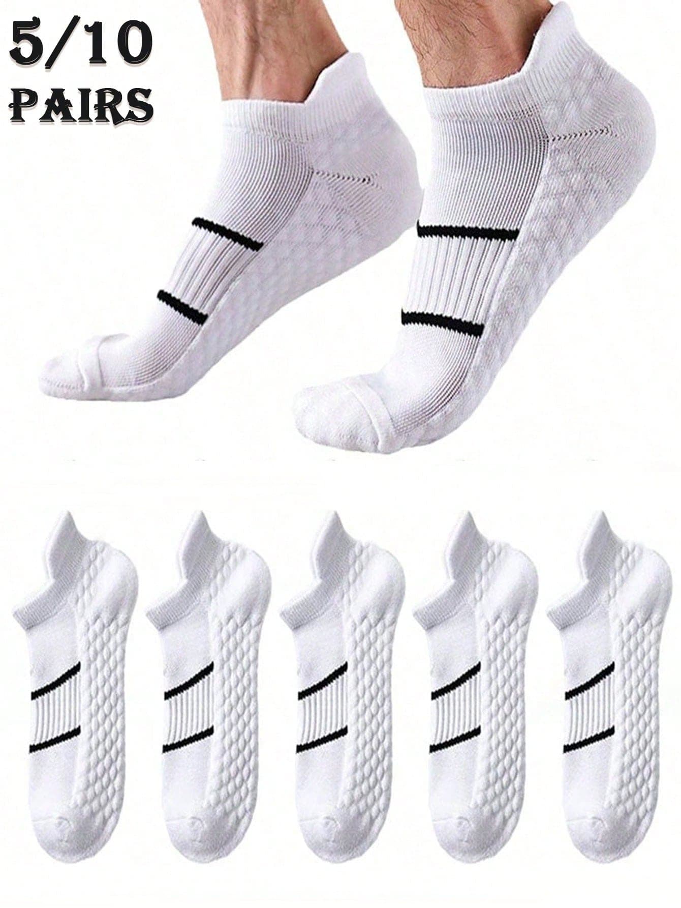 5/10 Pairs Men's White Sports Boat Socks With Contrast Stripes, Breathable Athletic Style Suitable For Daily Workout