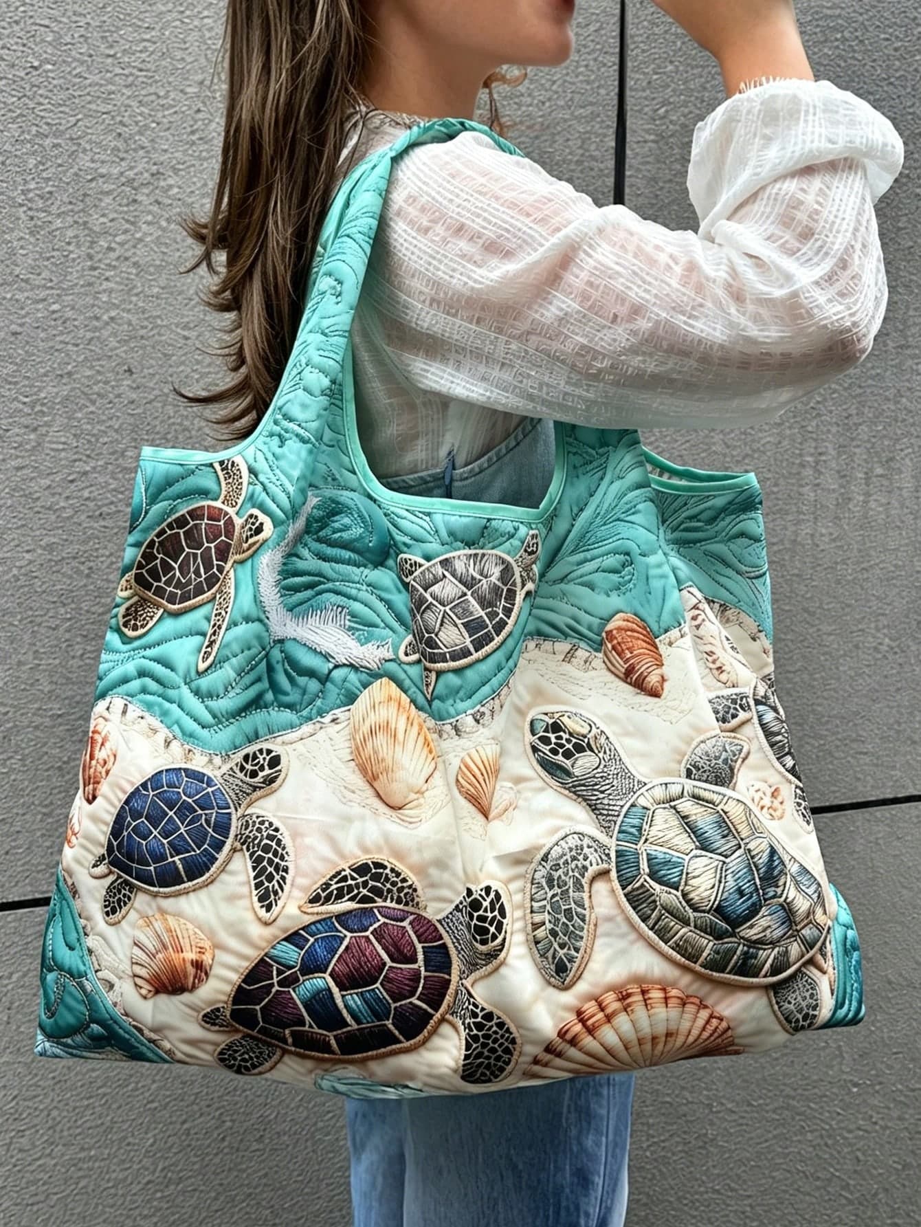 1pc Shopping Bag, 2D Effect, Turtle & Starfish Pattern Beach Shopping Bag, Vacation Sand Digging Tool Bag, Large Capacity Foldable, Spring/Summer, Picnic Tool Bag, Shopping Bag, Foldable Portable Large Capacity Tote Bag, Suitable For Shopping, Office, Travel, Party, Organization And Storage, For Women