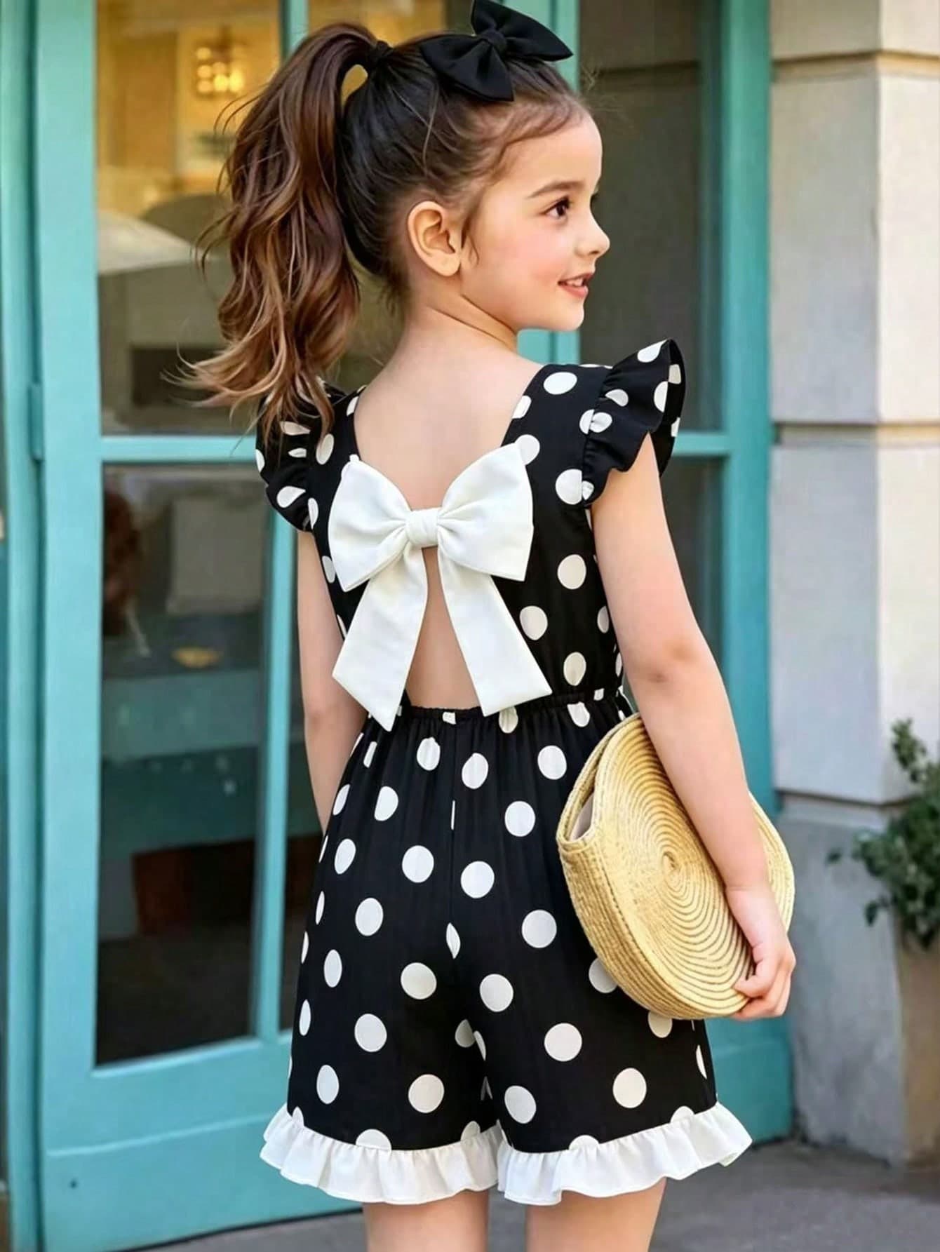 4-7 Years Old Girls Polka Dot Print Flutter Sleeve Romper With Back Bow Cutout Design, Colorblock Ruffle Hem, Casual Style For Daily Wear, Party, Gathering And Family Outing