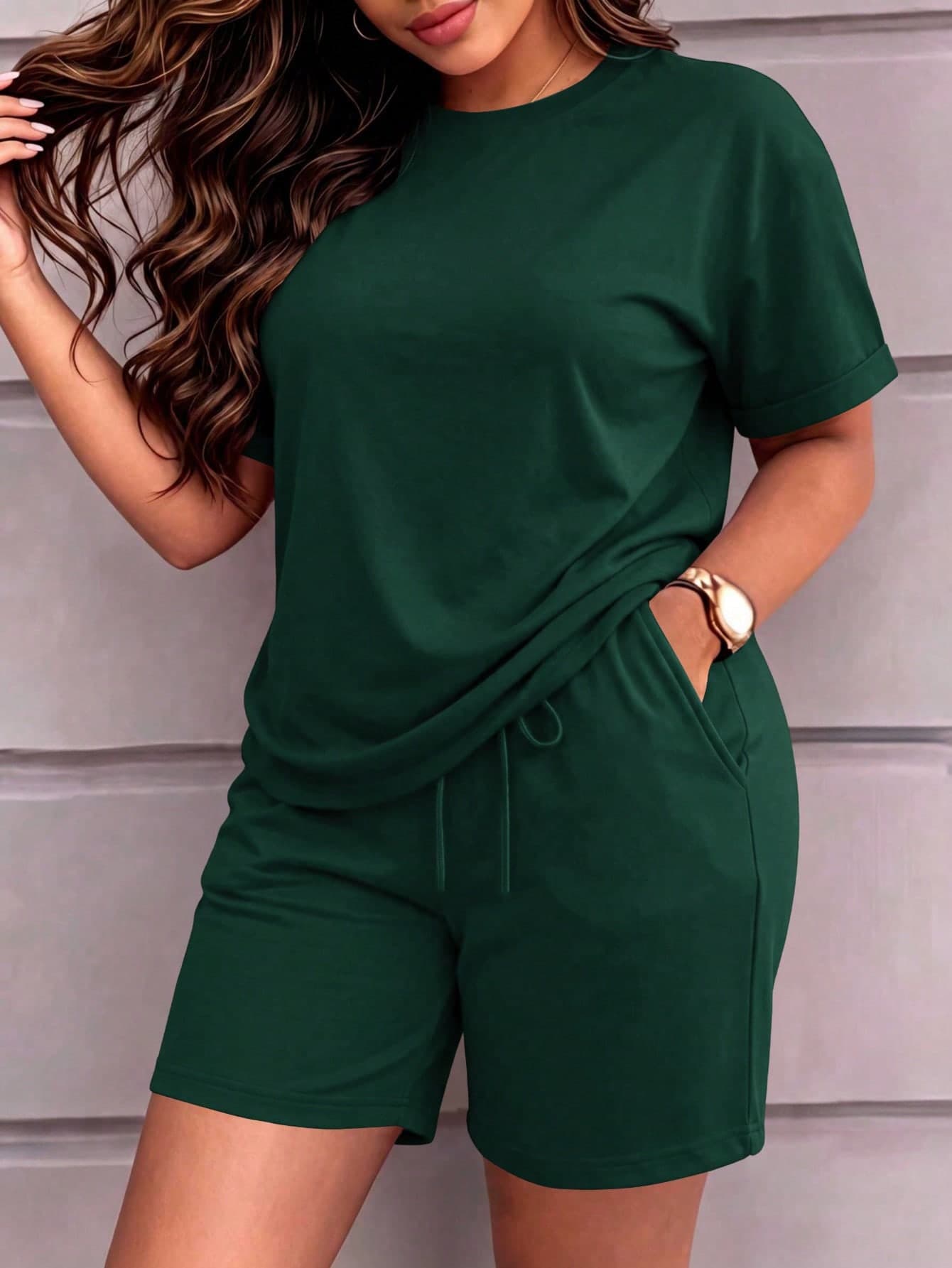 Spring/Summer Women's Solid Color Short Sleeve Retro Round Neck T-Shirt & Elastic Waist Drawstring Shorts, Minimalist Sporty Casual 2-Piece Set, Easy Vacation & Home Vibe, PJ (Pajama-Style) Outfit, Suitable For Outdoor, Sports, Exercise, Running, Beach, Home And Other Occasions
