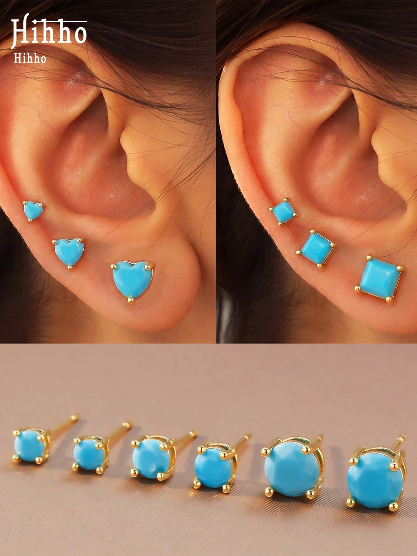 Hihho 6pcs/Set Casual Vintage Fashion Turquoise Inlaid Round, Heart, Square Large, Medium, Small Stud Earrings Set, Can Be Worn Individually Or Layered, Exquisite Versatile Women's Earrings Suitable For Daily Commute And Vacation