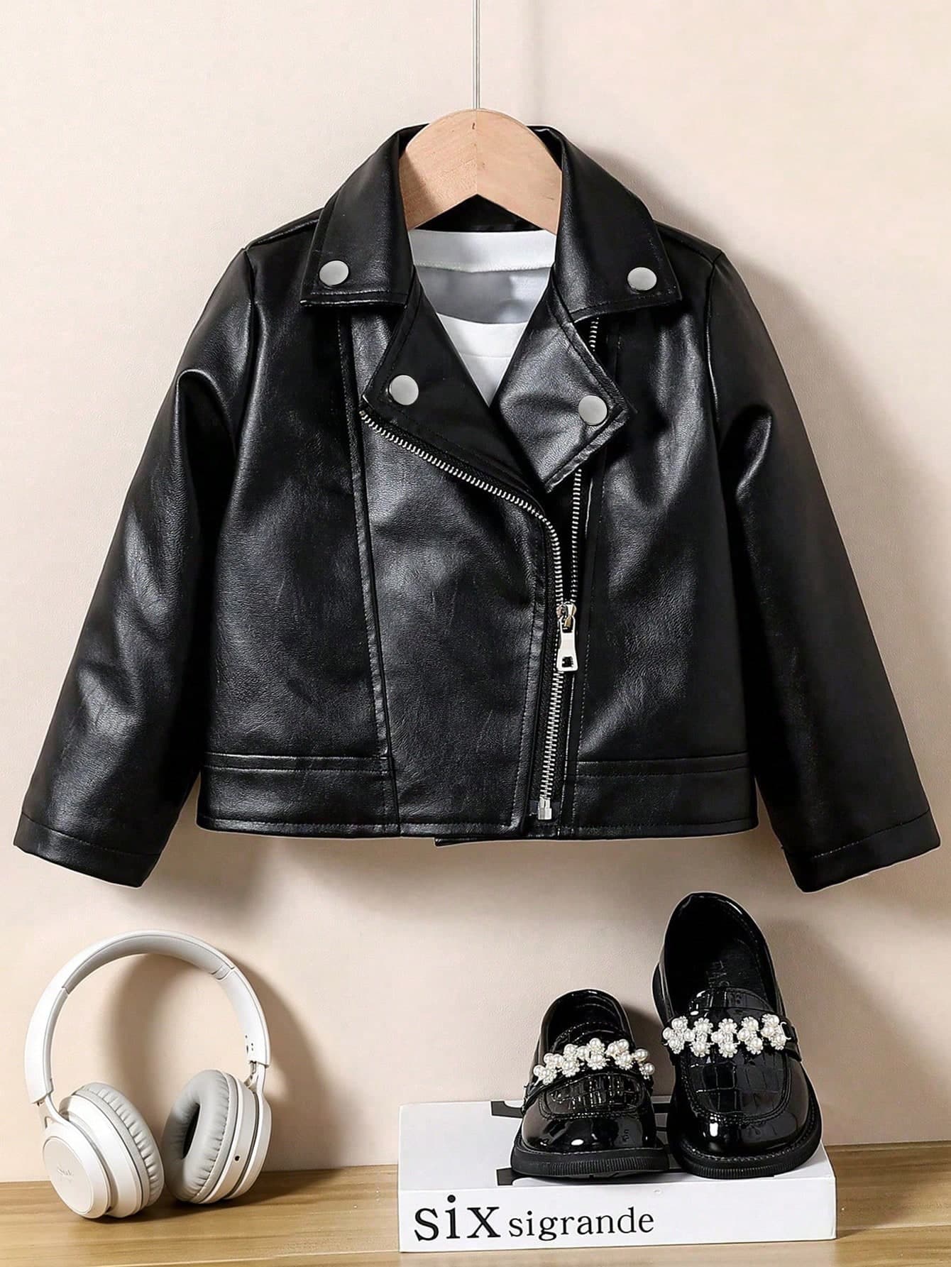 Tween Girl Solid Color Long Sleeve Zip Up Casual Motorcycle Leather Jacket, Spring & Fall