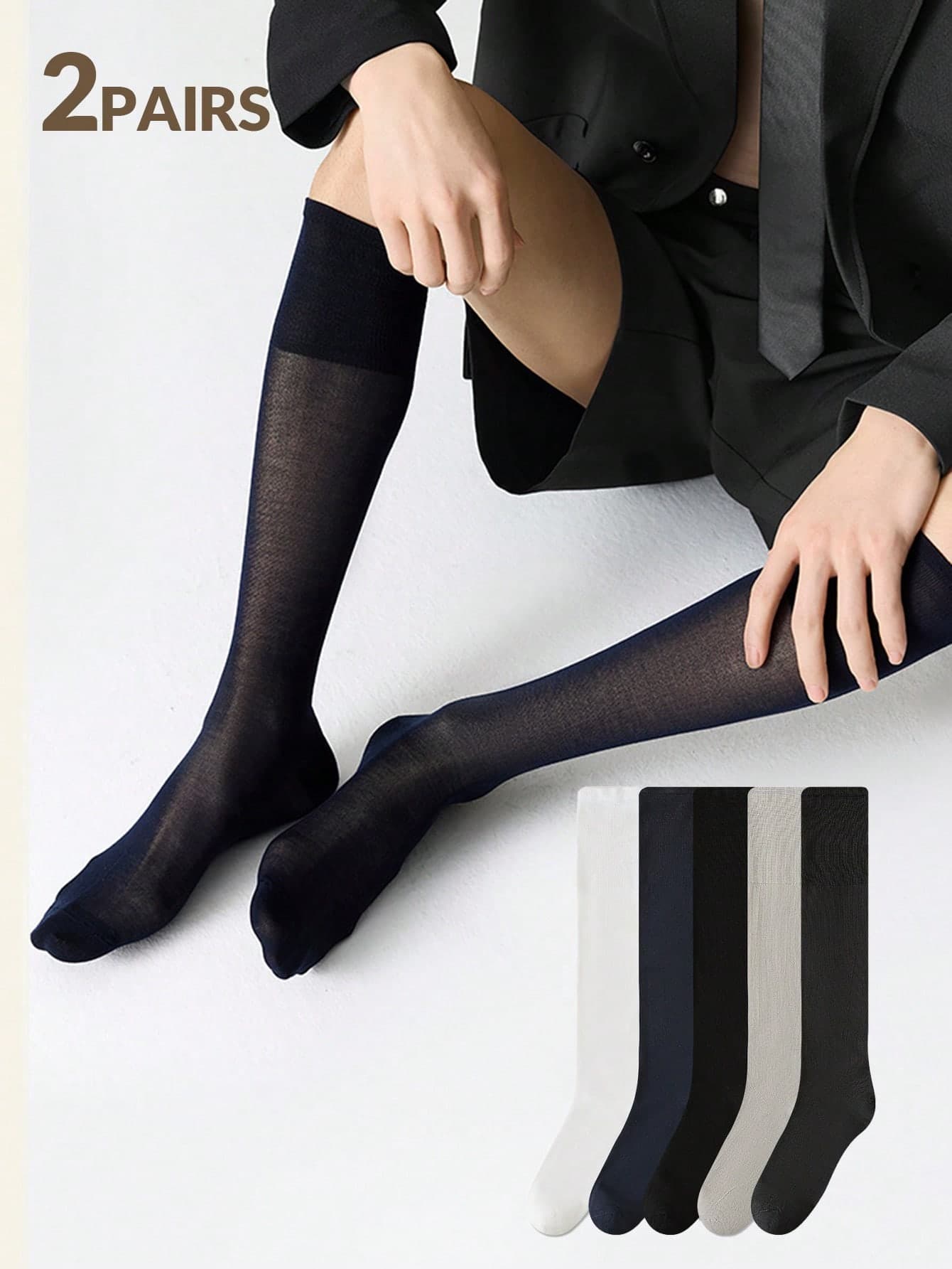 2 Pairs Men's Mid-Calf Business Formal Dress Socks, Ultra-Thin Knee-High Invisible Seamless Dress Socks