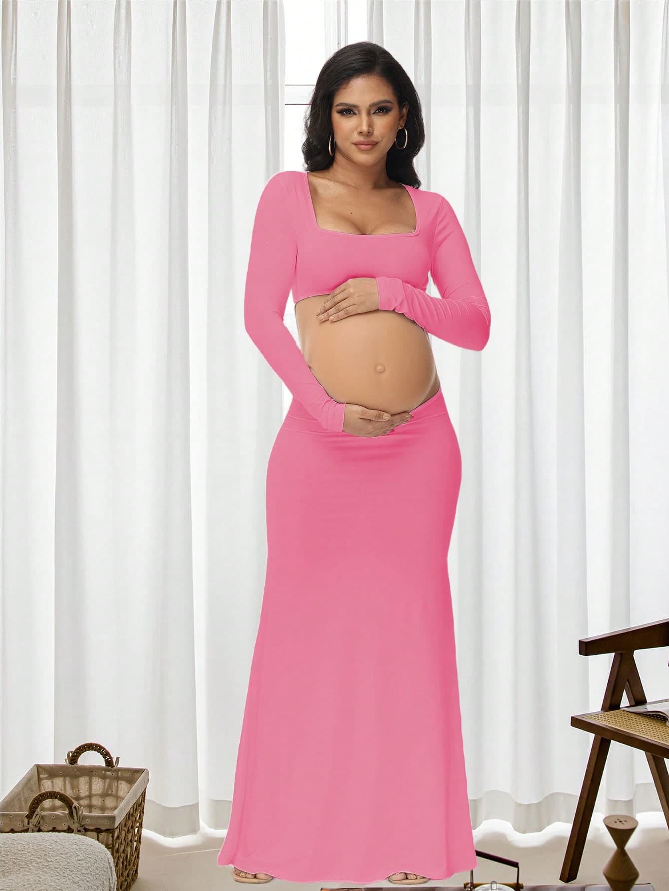 Maternity Fitted Backless Dress Women Long Sleeve Hollow Square Neck Maxi Dress For Photography, Baby Shower Parties Pink
