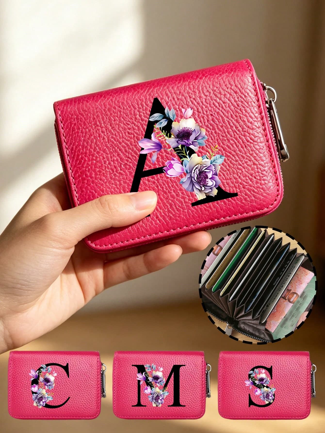 Purple Floral Letter Zipper Card Holder - High Capacity Multi-Slot Zipper Wallet; Multi-Functional Storage Bag, Portable Handbag, Credit Card Coin Organizer; Fashionable Short Wallet With Card Slots, Suitable For Business And Casual; Unisex Design - Perfect Gift Choice For Valentine's Day, Teacher's Day, Mother's Day, Back To School, Easter, Summer