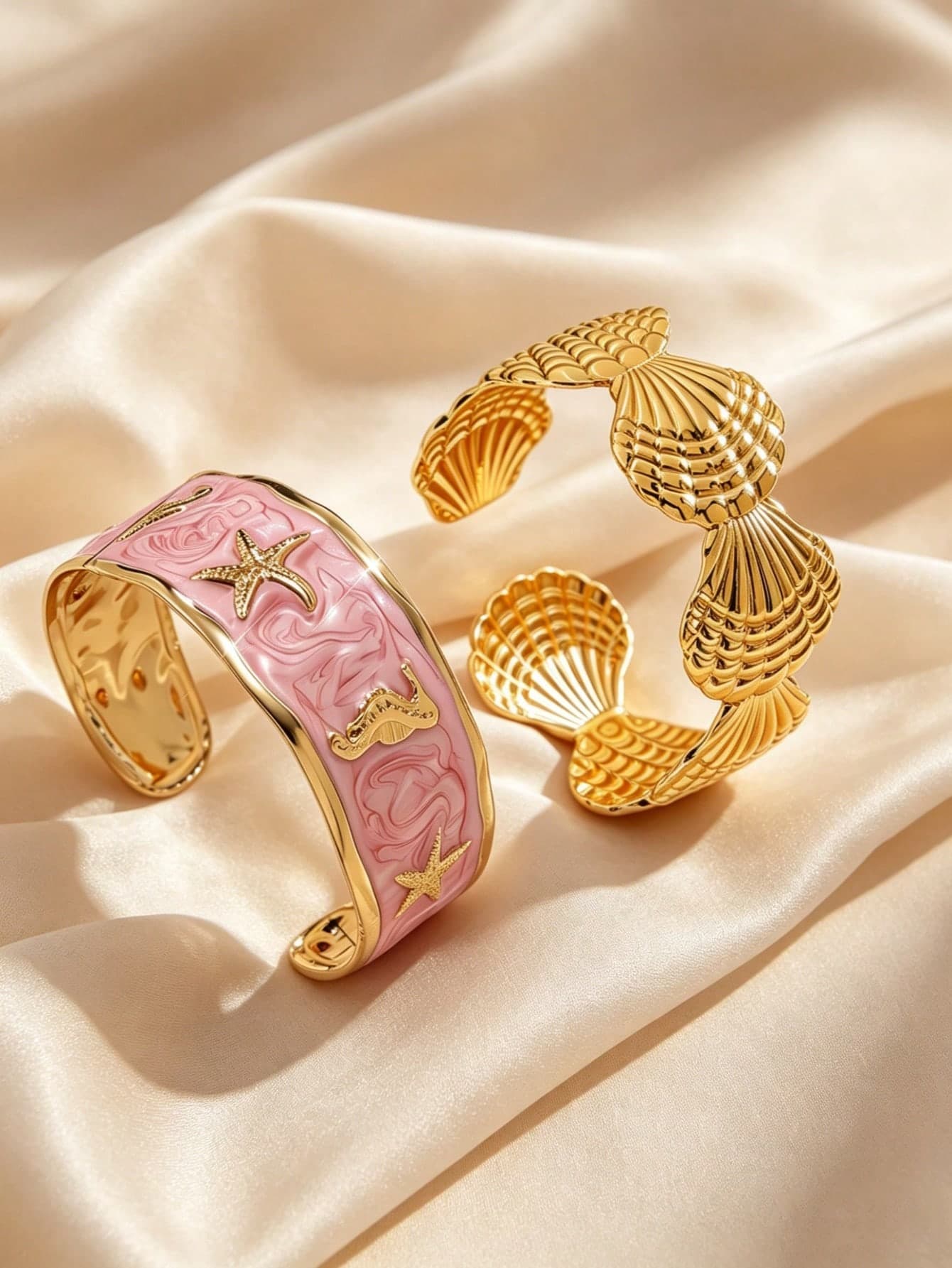 2pcs Beach Vacation Style Stainless Steel Women's Bracelets Decorated With Starfish/Seahorse And Scallop Shell Design, Suitable For Women To Wear During Beach Vacations, Beach Trips, Or Seaside Gatherings