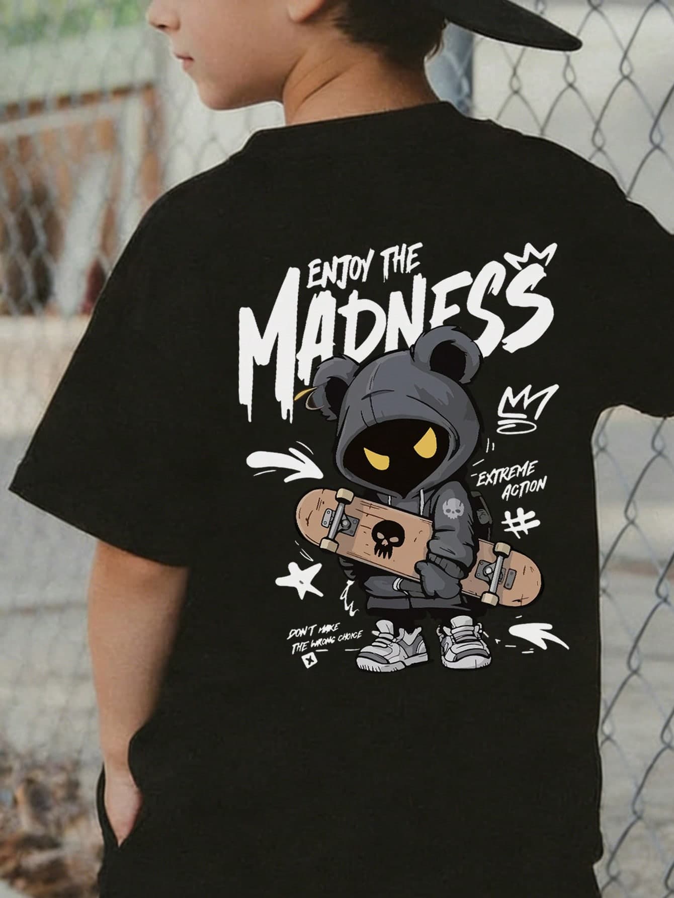 Boys' Summer Casual "Enjoy The Madness" Skateboard Bear Graphic Print Round Neck Short Sleeve T-Shirt, Children Street Fashion Loose Daily Wear Tee