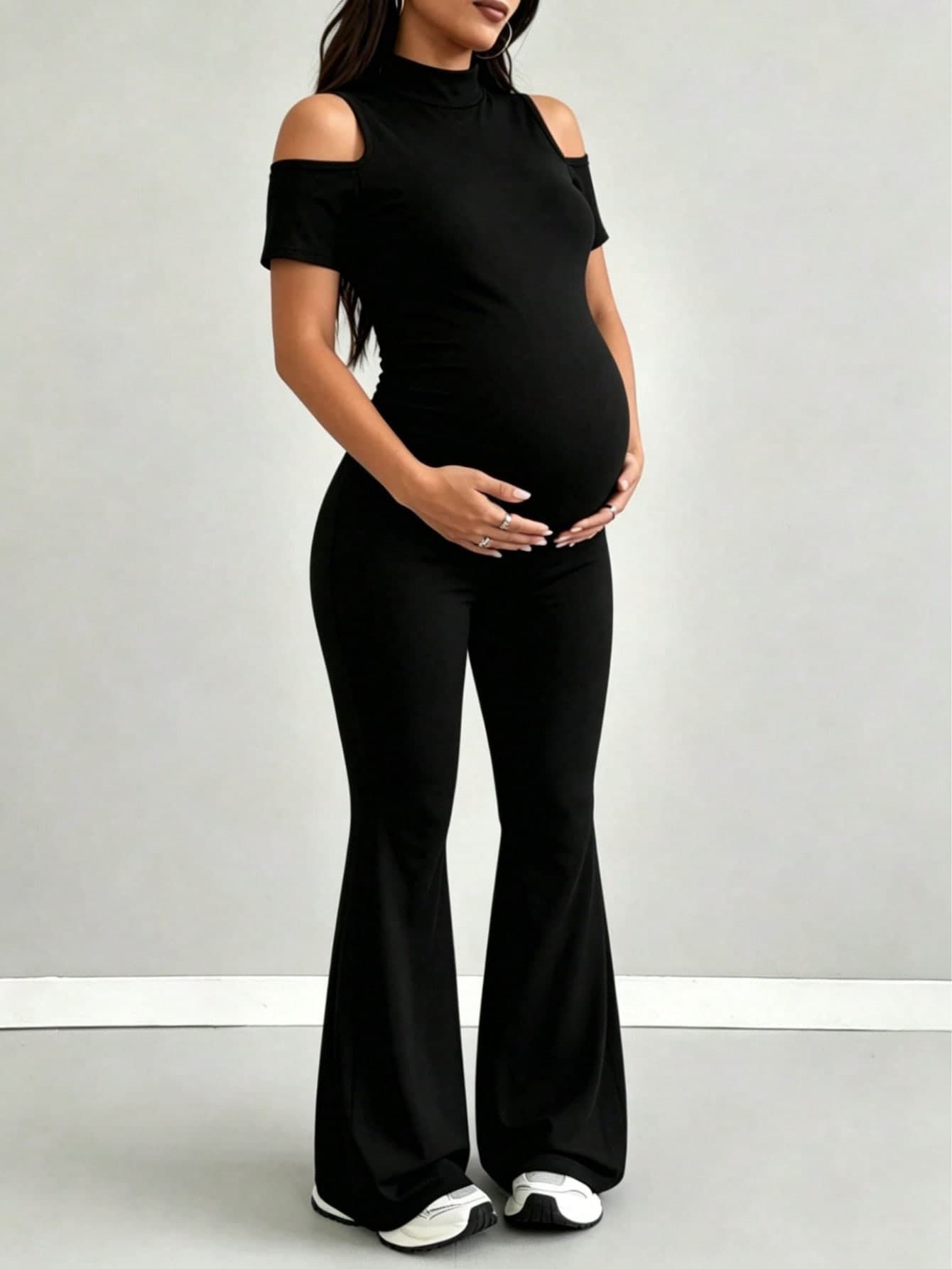 Maternity Solid Color Open Shoulder Jumpsuit Black Summer
