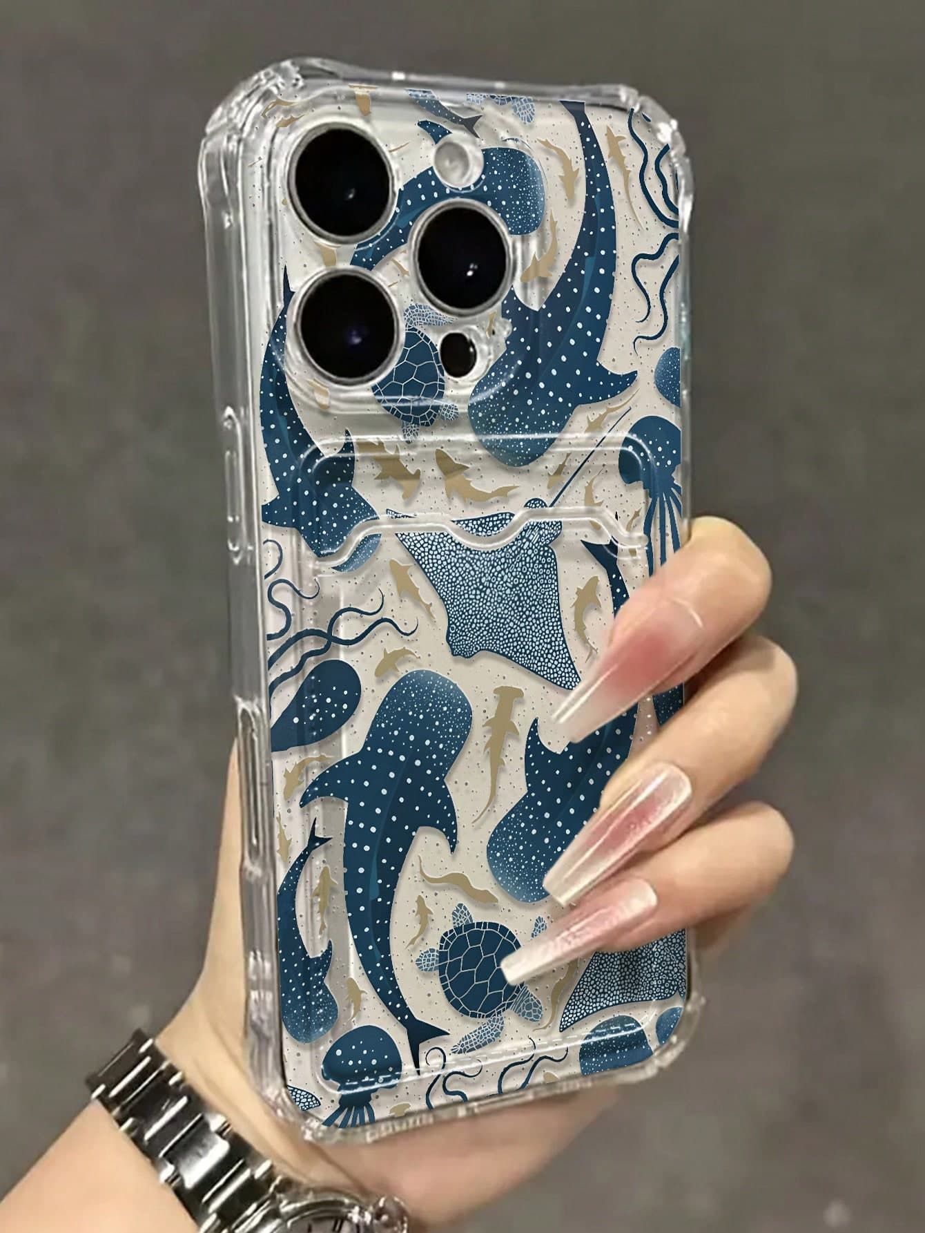 Shark Painted Transparent Four-Corner Card Slot Multi-Function Card Holder Wallet Thickened Shockproof Phone Protective Case Compatible With Ip 17/Ip 17pro/Ip 17promax/ IP16/11/16pro/16plus/16promax/16e/15Promax/13/14/12/XS/XR/7G/8P, Compatible With Samsung Galaxy S25/S25PLUS/S25 Ultra/A16/A36/A26/A56/A50/A12/A32/A52/A72/A51/A21S/A13/A14/S24/S24PLUS/S24Ultra/S20/S23/S22/A53/S20FE/S21 Shockproof Phone Protective Case