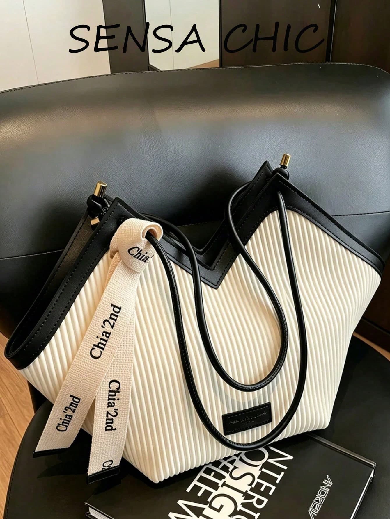 New Fashion Versatile Colorblock , Grooved Design, Large Capacity Dual Handle Shoulder Tote Bag, Suitable For