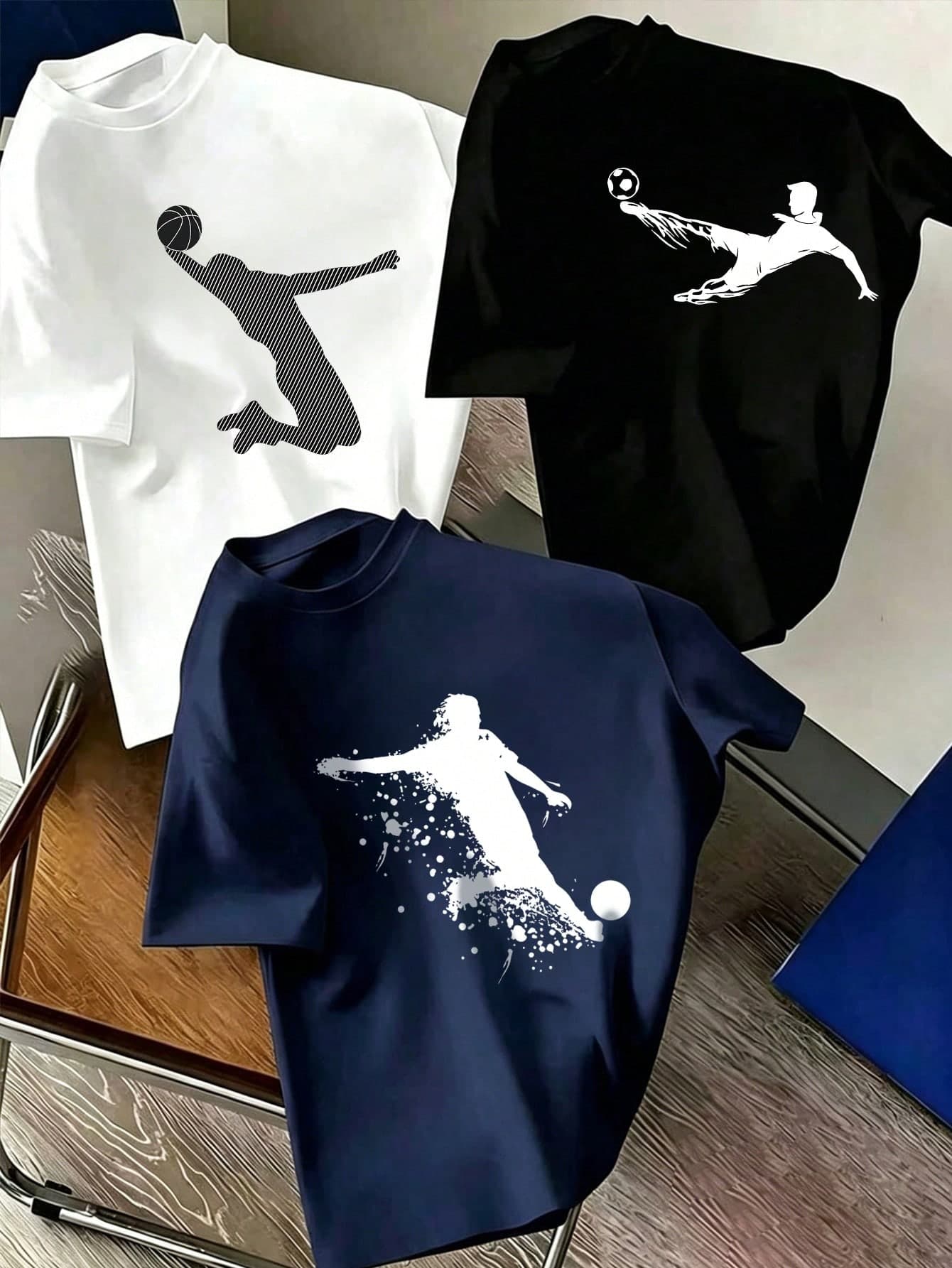 Boys' Casual Sports 3pcs T-Shirt Set, Football & Basketball Athlete Silhouette Print Short Sleeve Crew Neck Tops