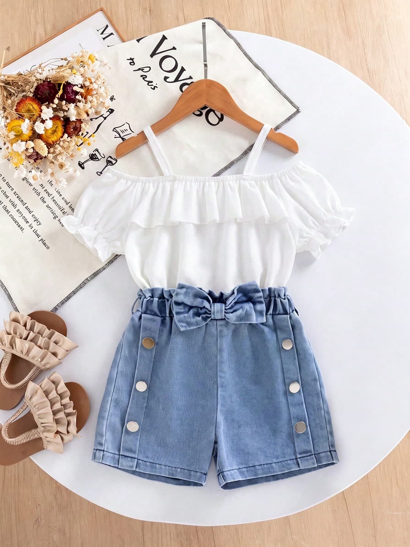 2pcs/Set Young Girl Summer Spaghetti Strap Ruffle Off-Shoulder Top Paired With Daily Versatile Side Button Bow Shorts, Suitable For Casual, Outdoor, School, Commute, Street Wear