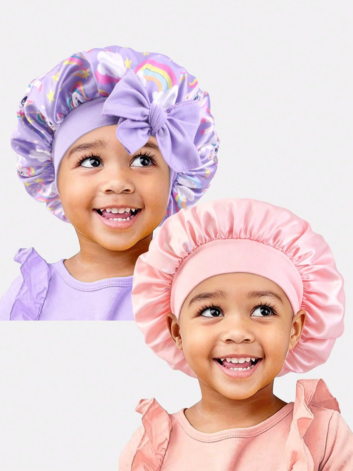 2pcs Printed Elastic Ribbon Satin Round Bonnet Hair Cap For Toddlers