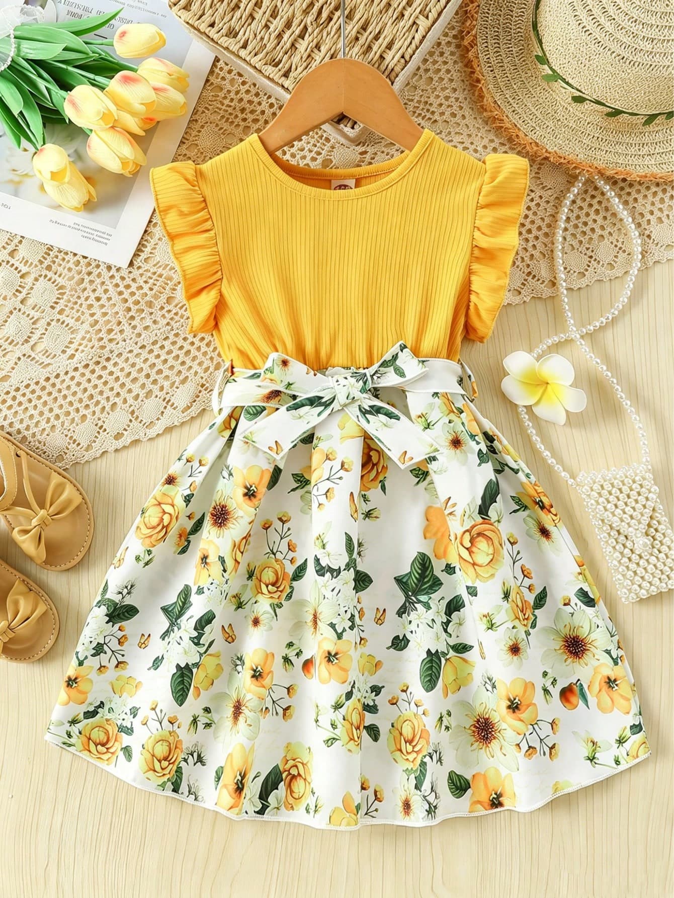 Young Girl Knitted Ribbed Patchwork Floral Print Dress With Belt Elegant Princess Party Gown