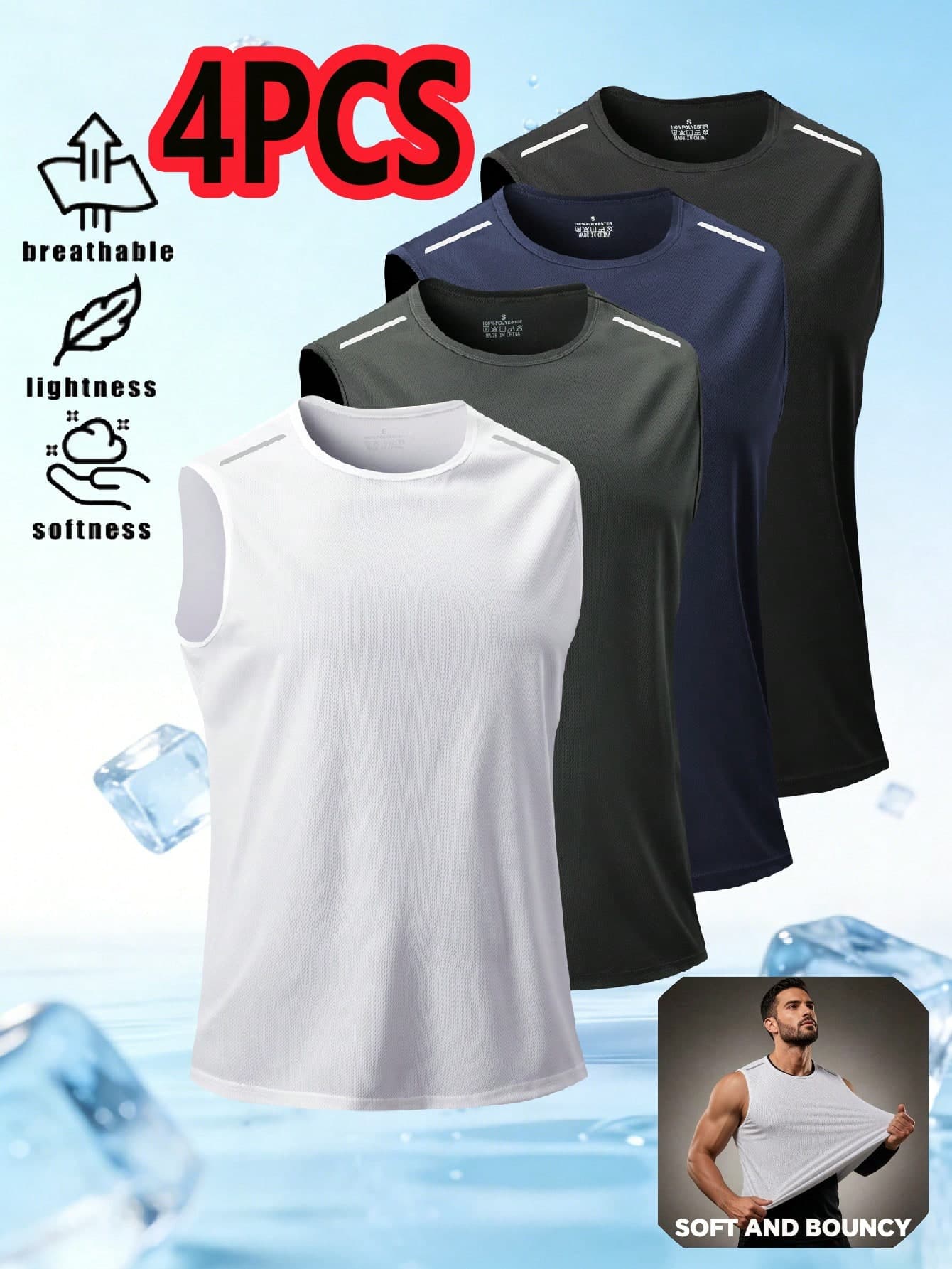 4pcs Men's Solid Color Sports Casual Sleeveless Tank Tops, Mesh Comfortable Fabric, Reflective Stripes Print, Inner Wear Home Outdoor Tops